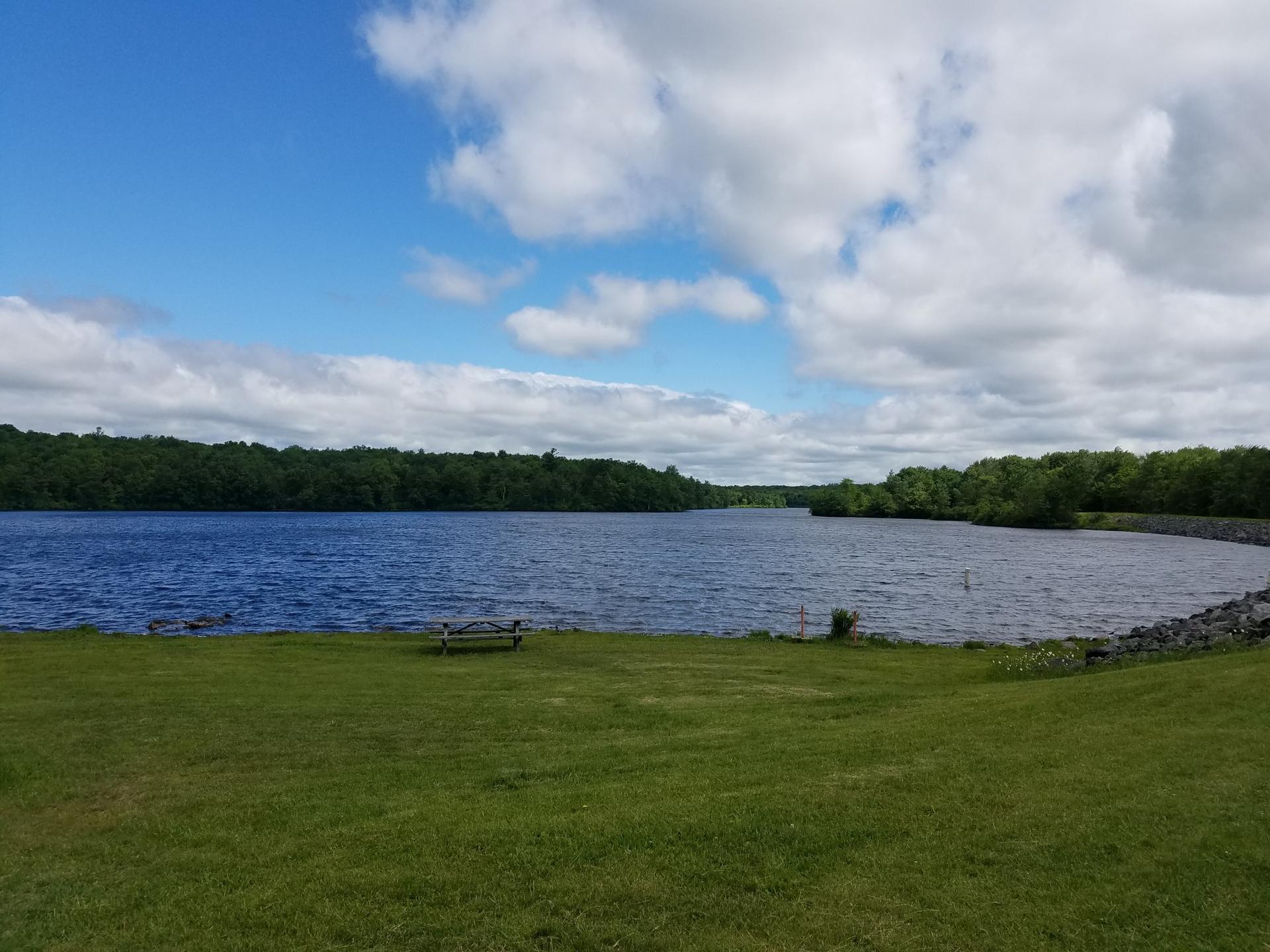 A lake with forested shores, green lawn, and a picnic table.