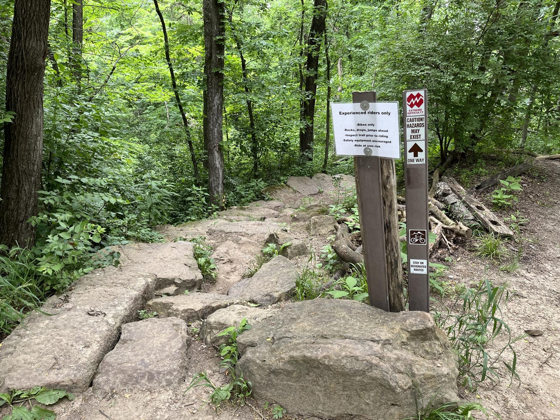 A trail signpost next to a rocky path in a lush green forest.
