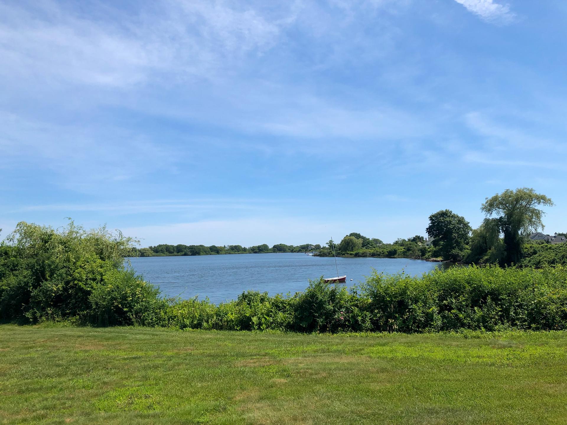 Green grass and bushes frame a calm blue lake under a bright sky.
