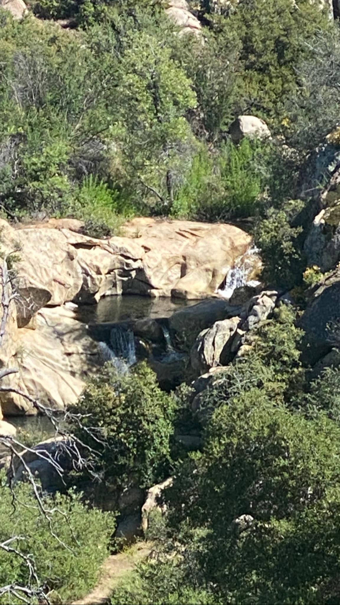 Small waterfall cascading over rocky ledges into clear pools, surrounded by green foliage.
