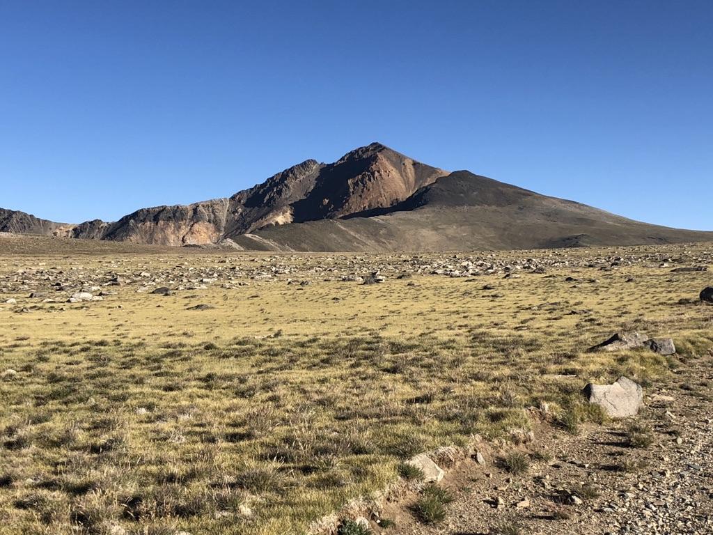 Vast rocky, grassy plain with a large mountain under clear blue sky.