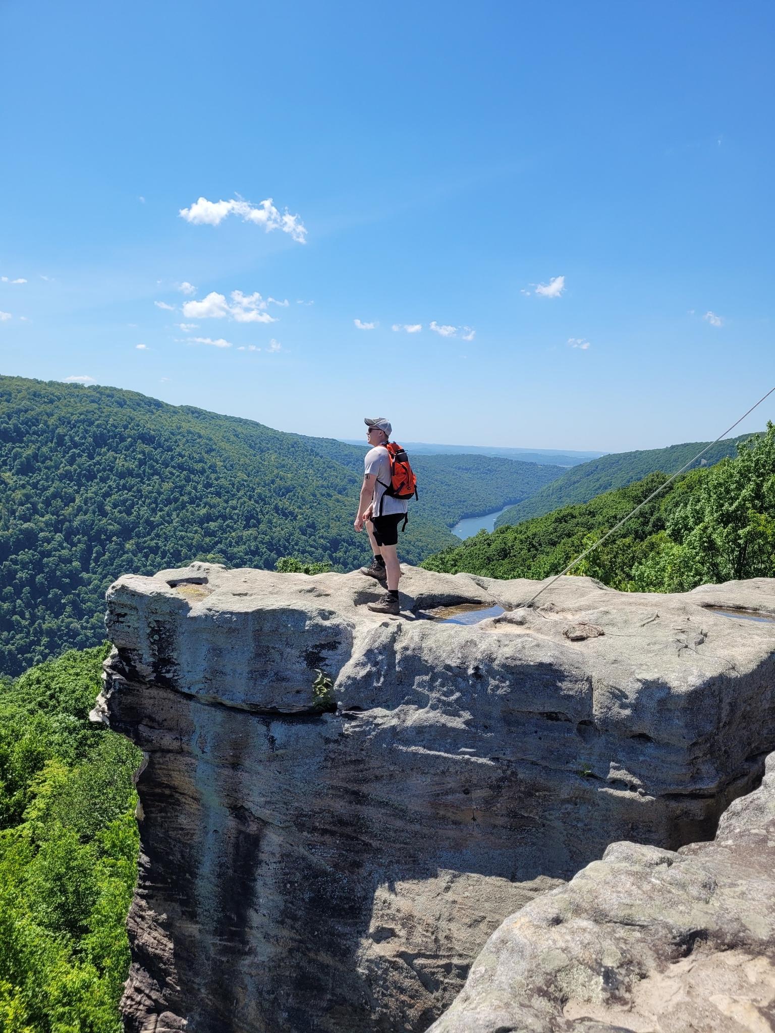 Person on a rocky cliff overlooking a vast forested valley on a sunny day.