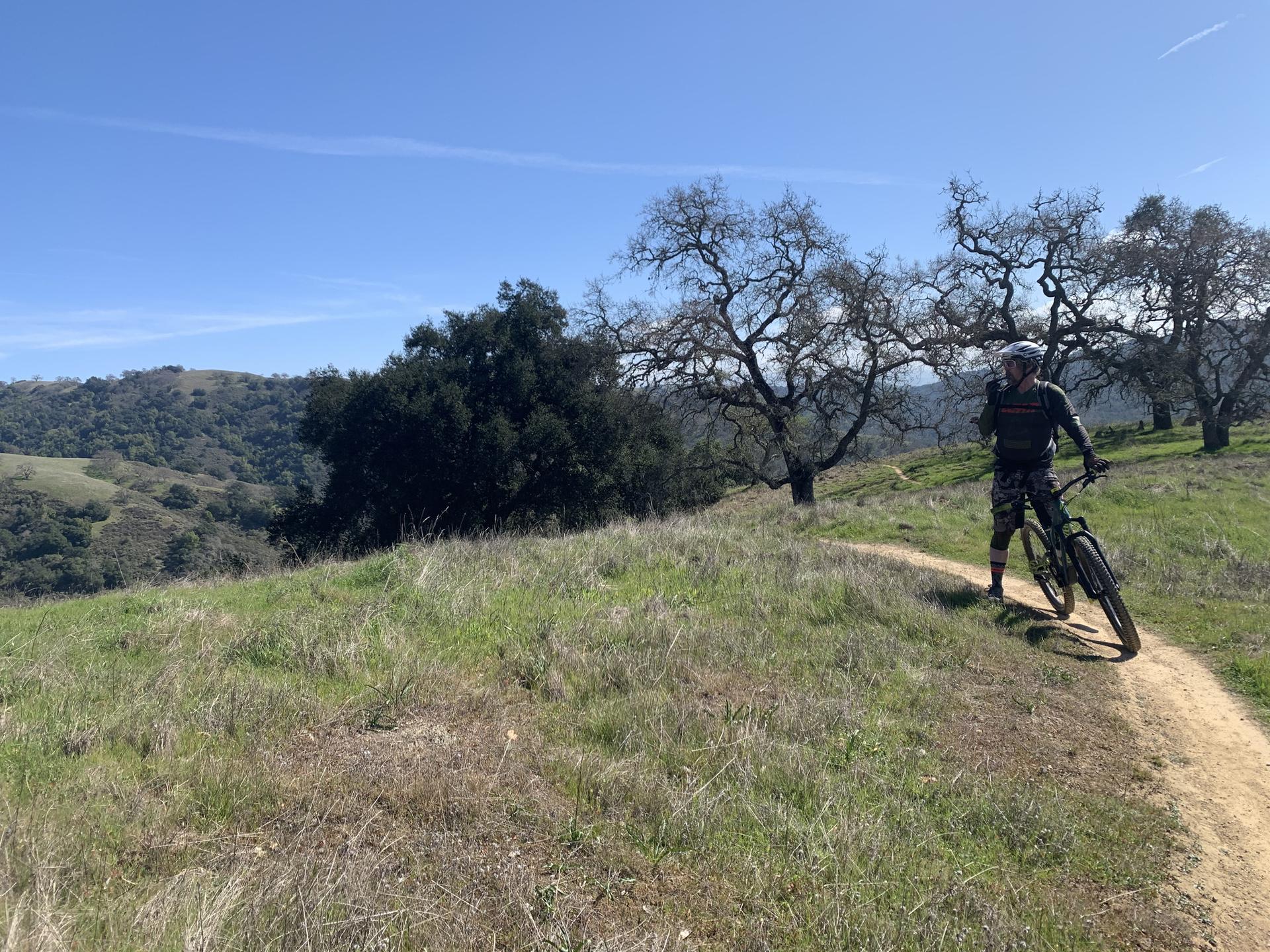 Man with mountain bike on a sunny grassy hillside path, distant hills.
