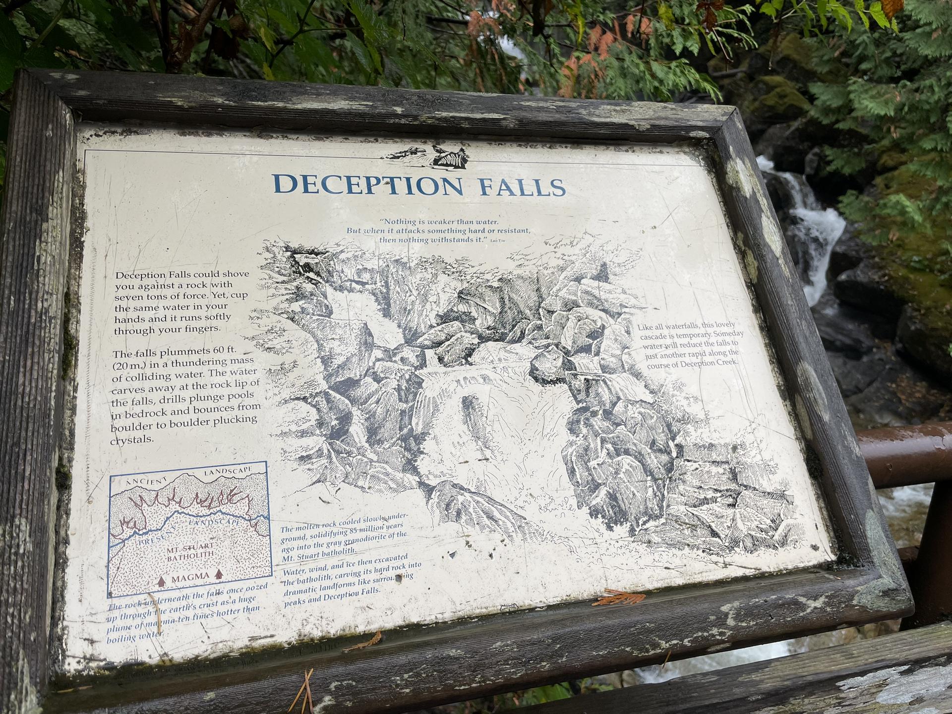 Weathered interpretive sign about a waterfall, with a small waterfall behind it.