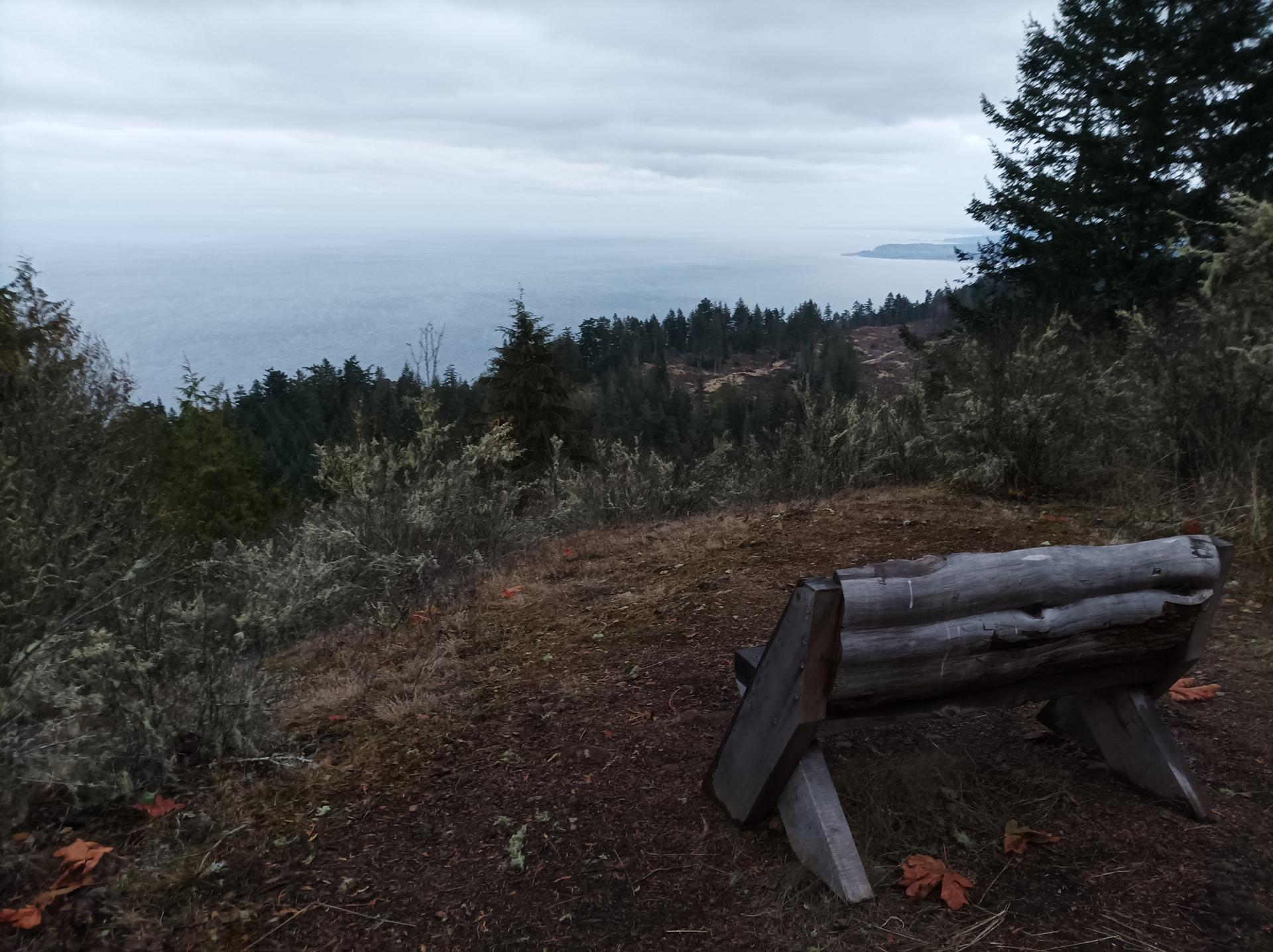 Wooden bench overlooking a cloudy ocean and forested hills.
