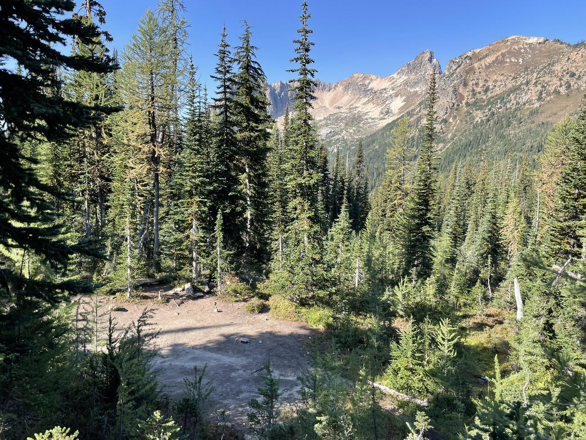 A small dirt clearing surrounded by tall evergreen trees and mountains.