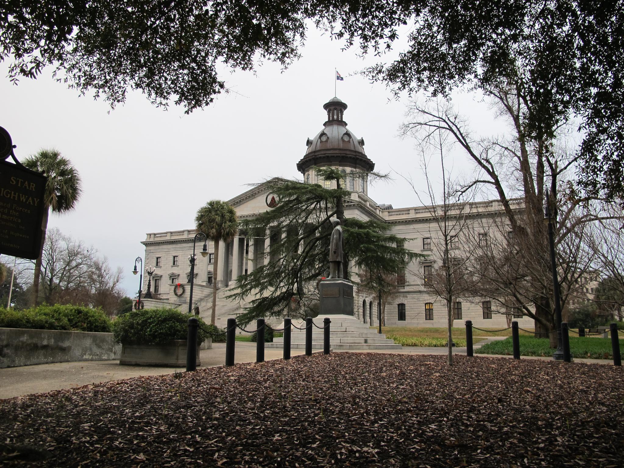 Large domed building with a statue, framed by trees under an overcast sky.