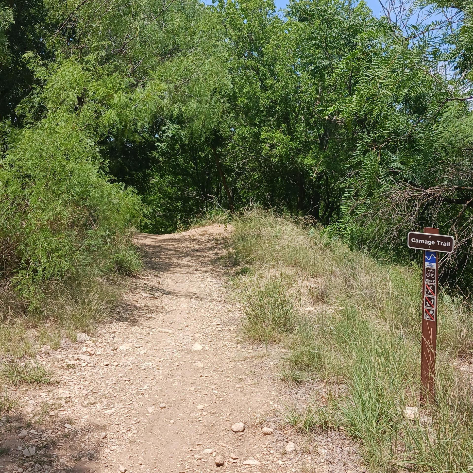 A dirt path winds uphill through dense green trees with a trail sign.