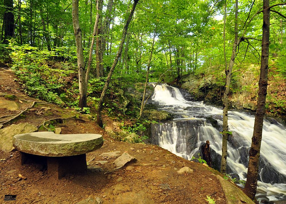 A stone bench overlooks a vibrant, cascading waterfall in a lush green forest.
