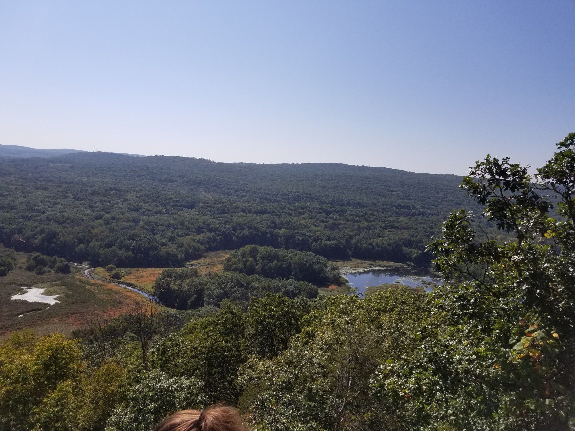 Sunny overlook of a vast green forest, lake, and distant hills. - Yellow, White, Green, and Sussex Branch Trail Loop
