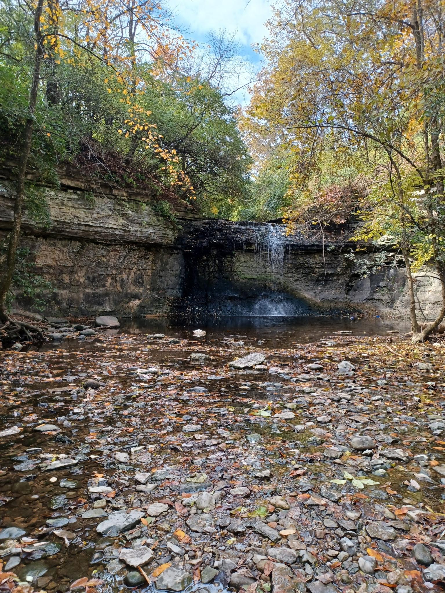 Small waterfall cascading into a rocky stream with autumn leaves.
