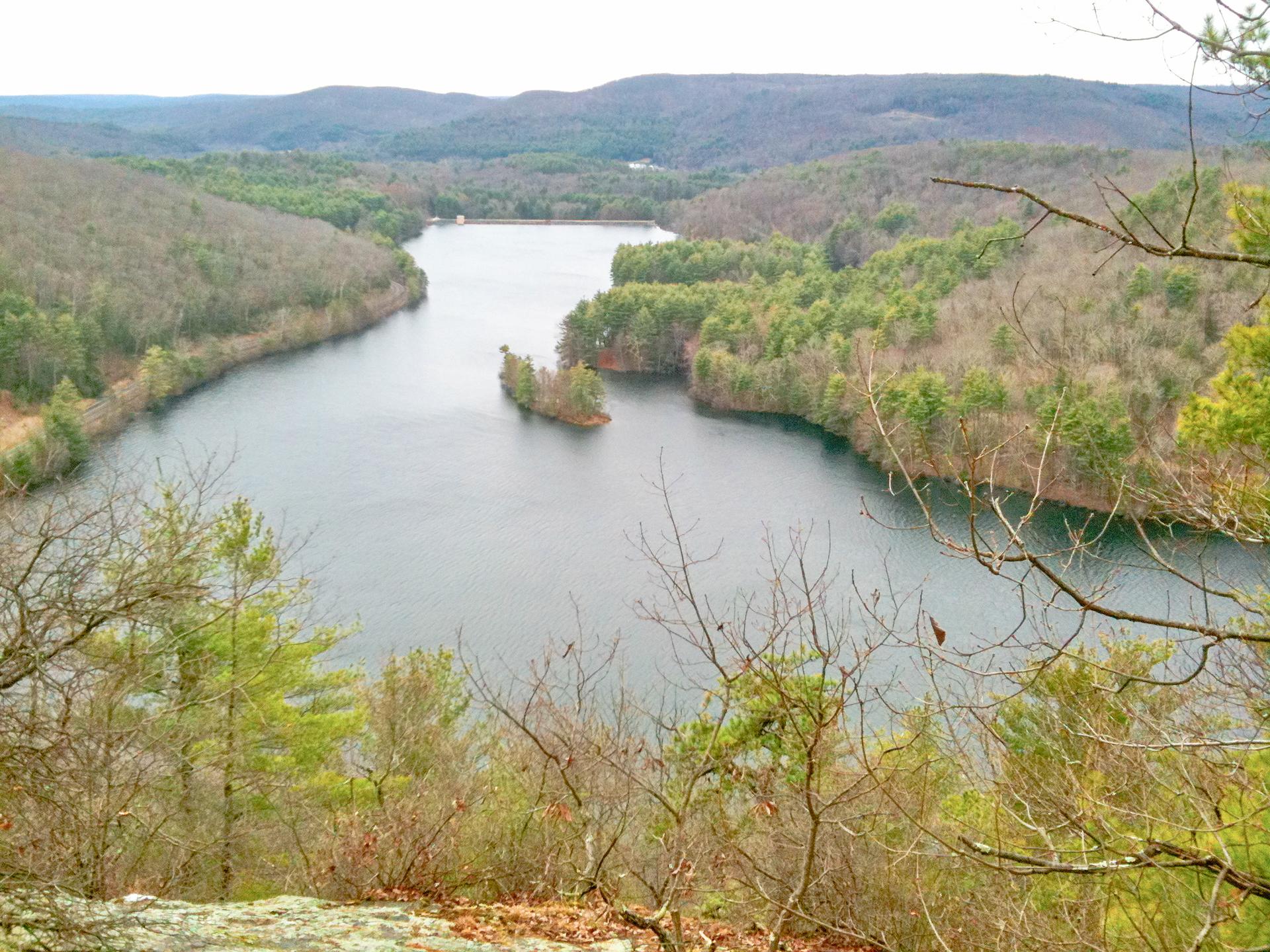 Elevated view of a winding lake surrounded by forested hills under an overcast sky.