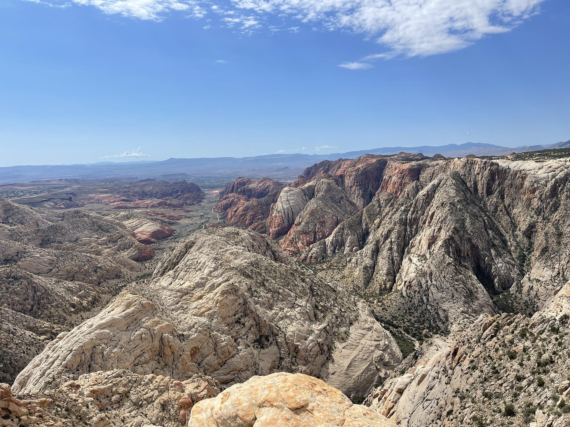 Expansive desert canyon view with light-colored rock formations under a clear blue sky.