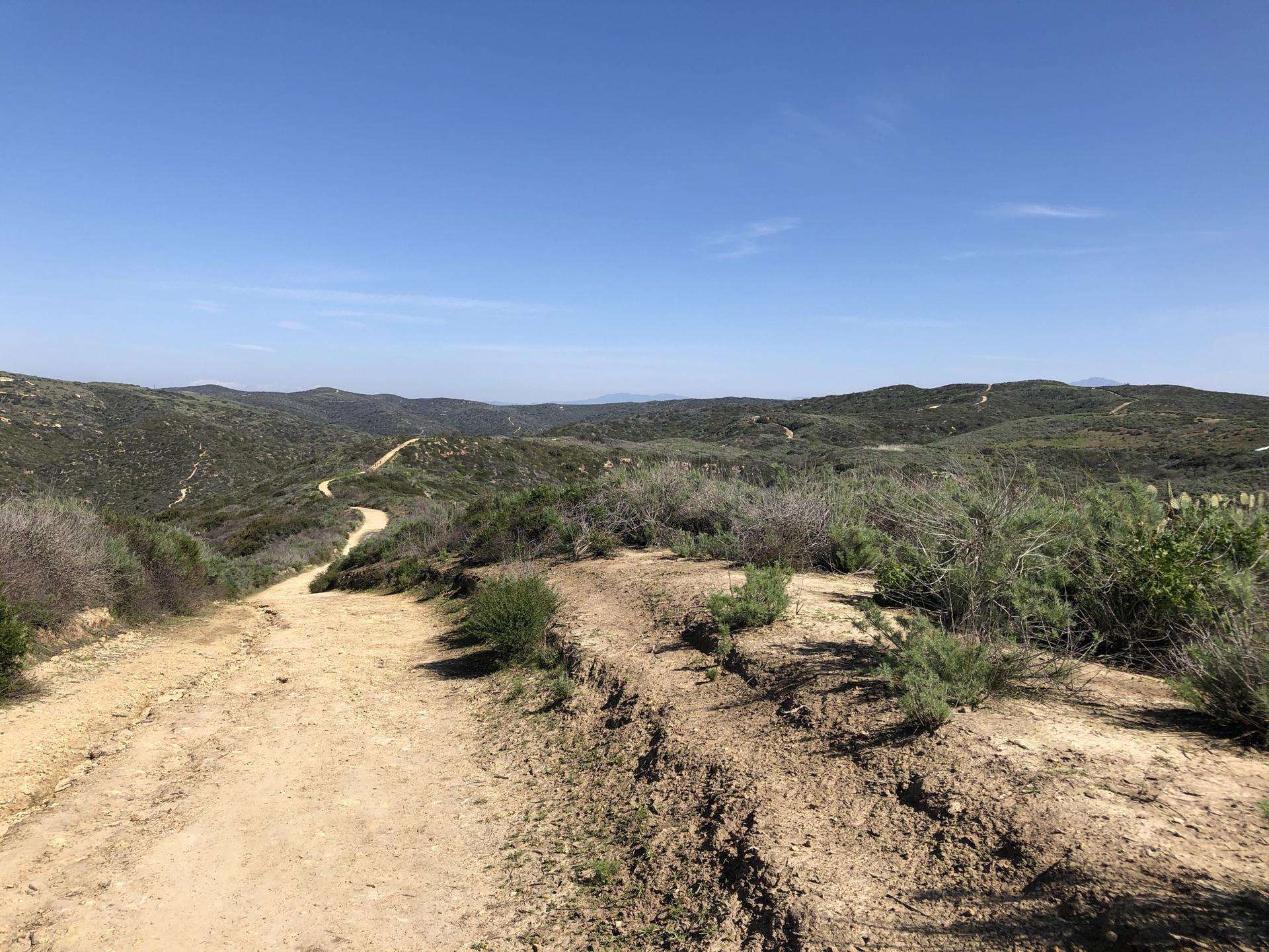 A winding dirt path traverses sunlit, brush-covered rolling hills under a clear sky.