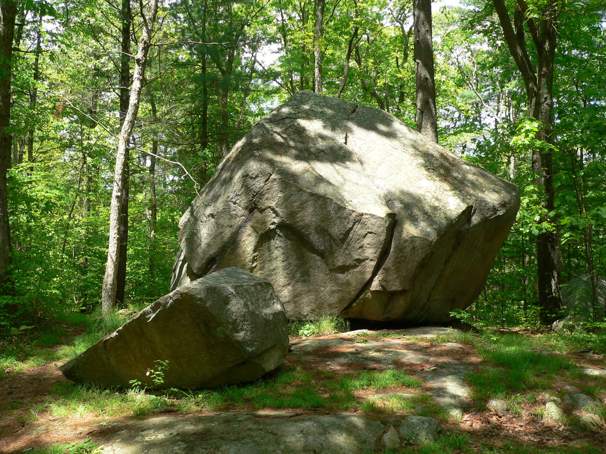 Two large boulders sit in a sun-dappled, lush green forest. - Wompatuck State Park Cycling Loop