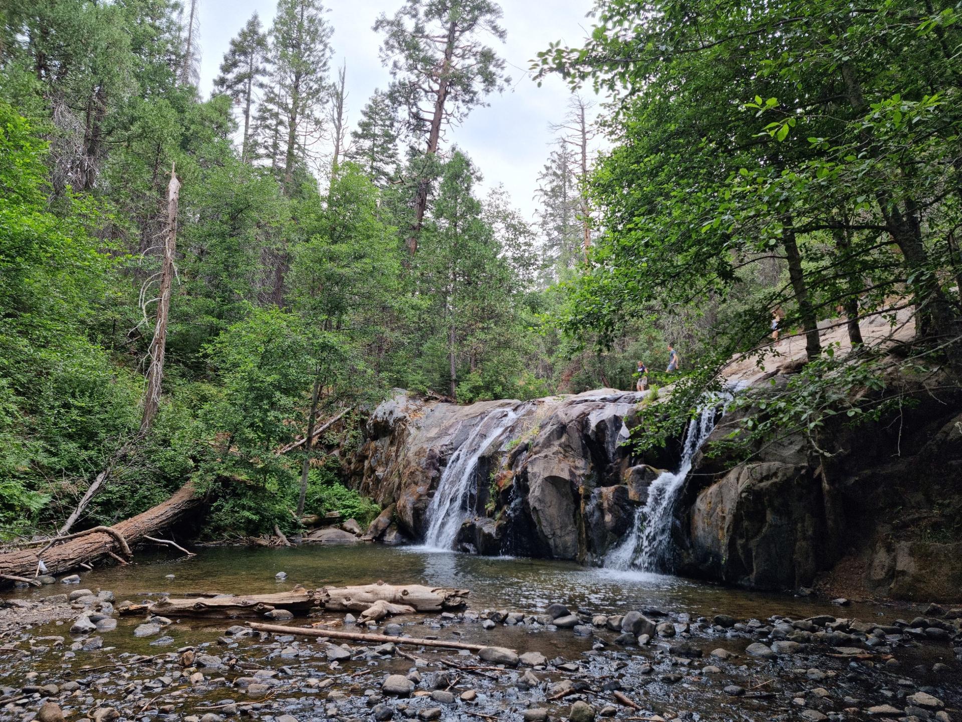 A wide waterfall cascades over rocks into a shallow, rocky pool in a forest.