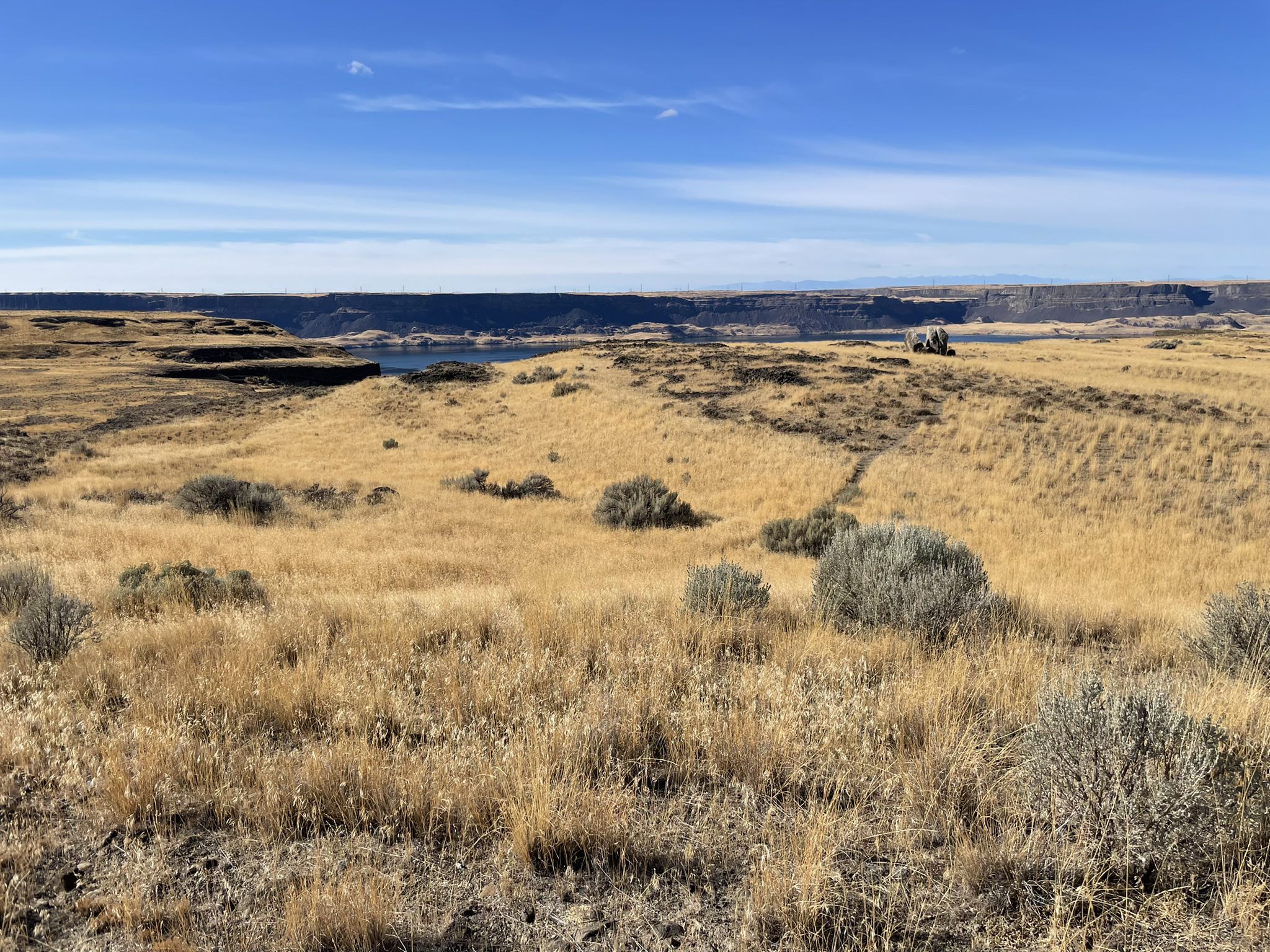 Vast golden grasslands and shrubs stretch towards distant cliffs and a blue lake. - Steamboat Rock Trail