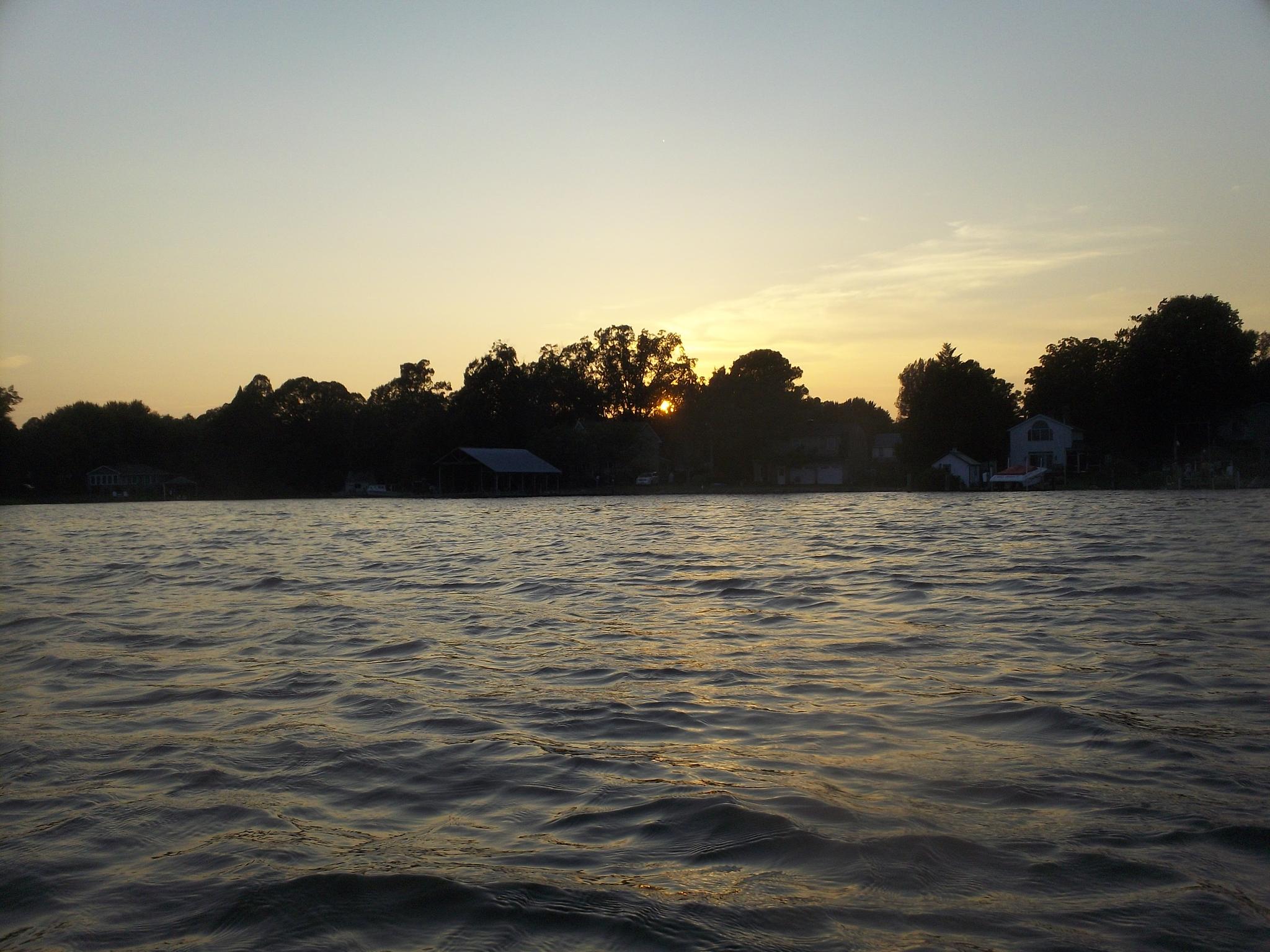 Sunset over a calm water body, silhouetting distant trees and houses.