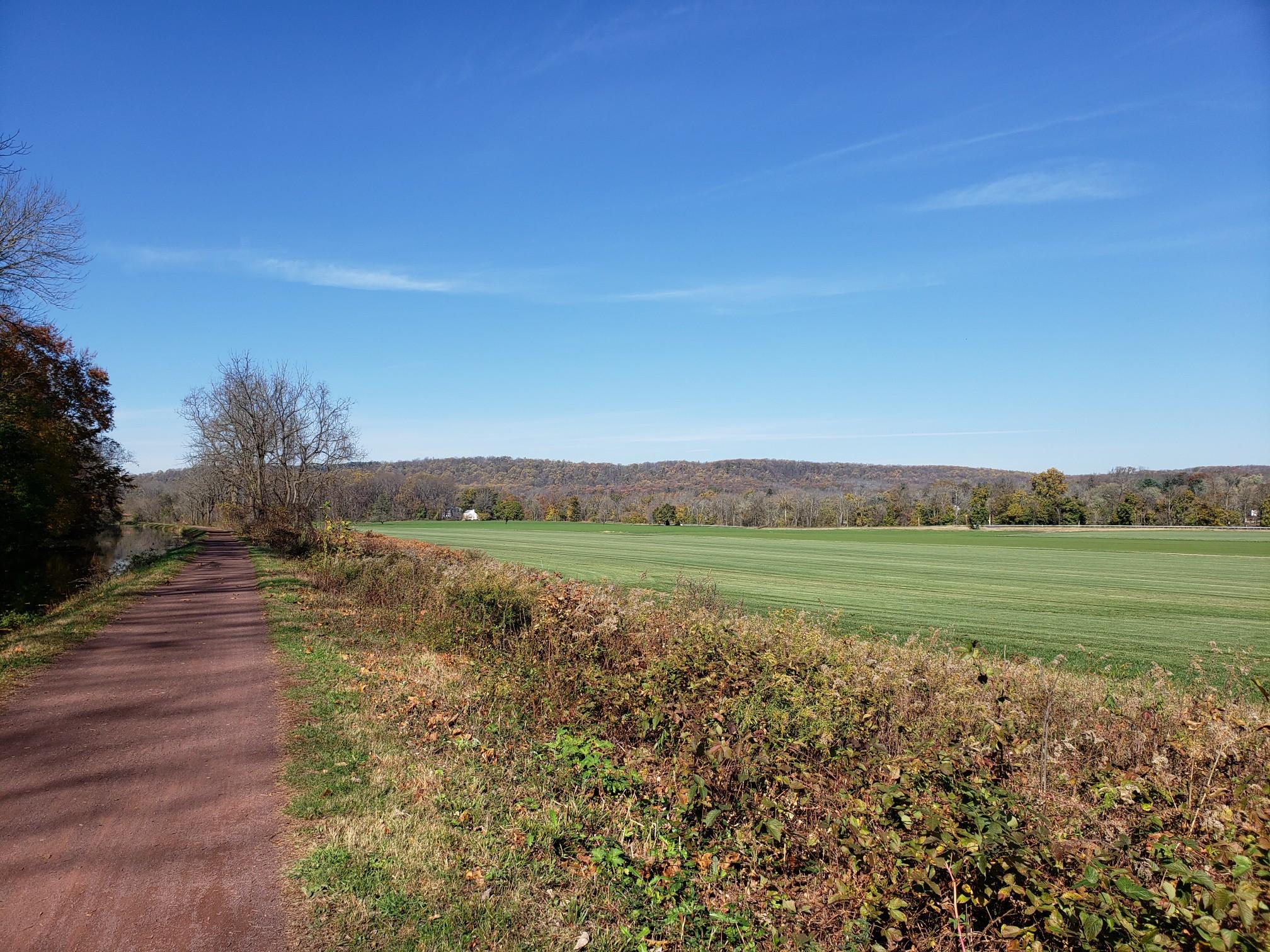 A dirt path runs alongside a vast green field under a clear blue sky.
