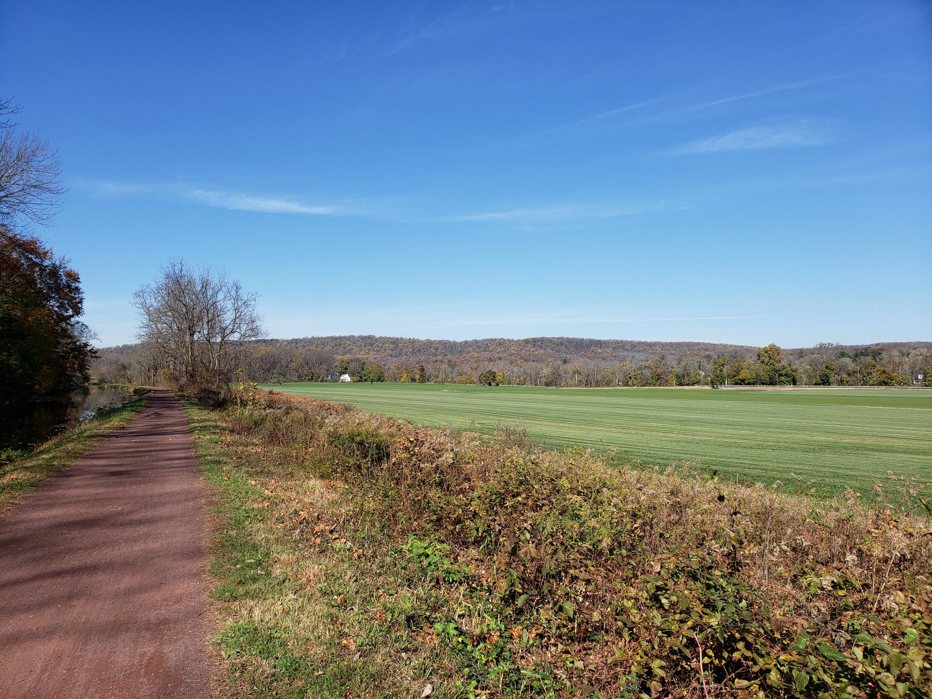 A dirt path runs alongside a vast green field under a clear blue sky.