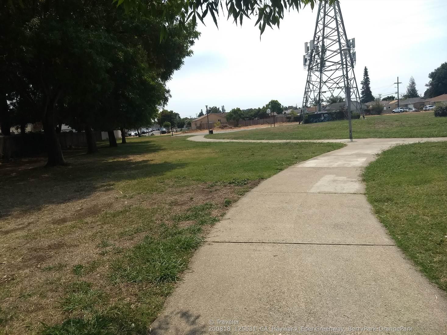 Concrete path through a grassy park with trees and a tall cellular tower.