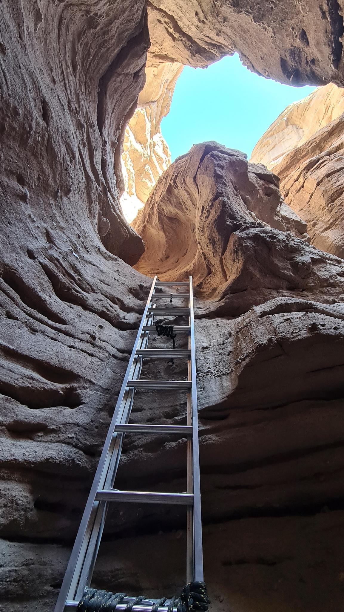 A long ladder ascends through a narrow, winding slot canyon towards bright sky.