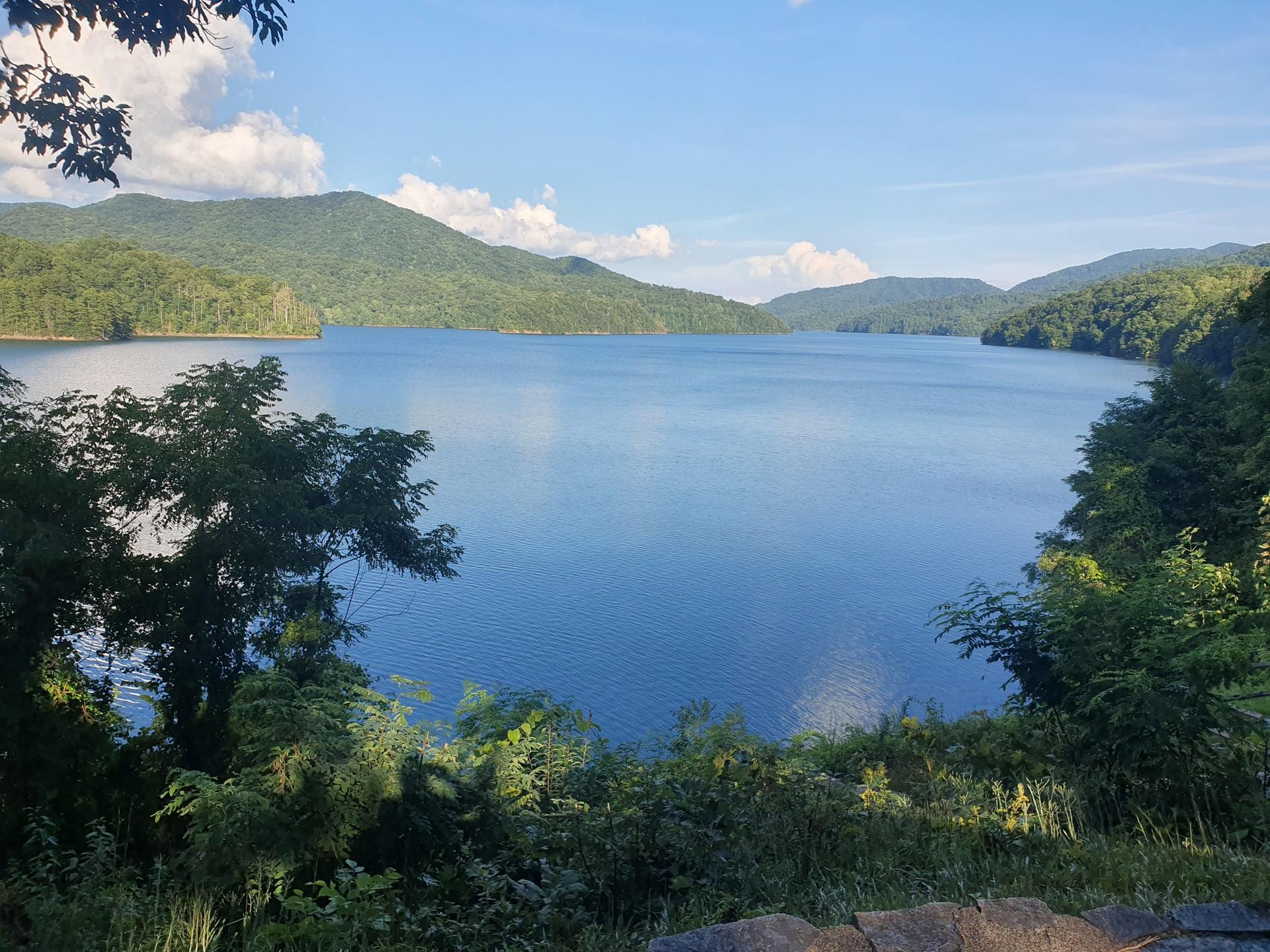 A calm blue lake surrounded by lush green mountains under a clear sky.