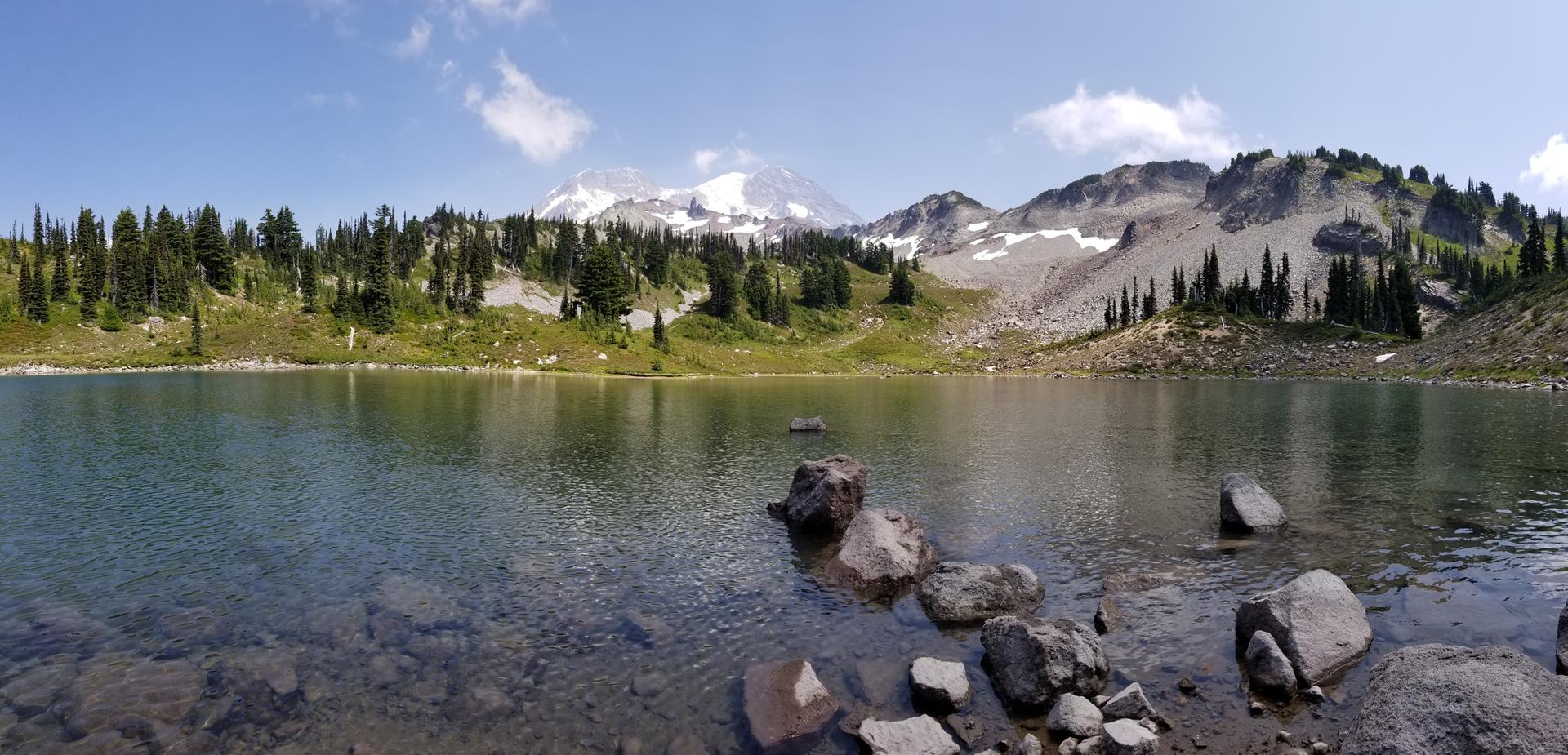 Clear lake with rocks, evergreen forest, and snowy mountain under blue sky.