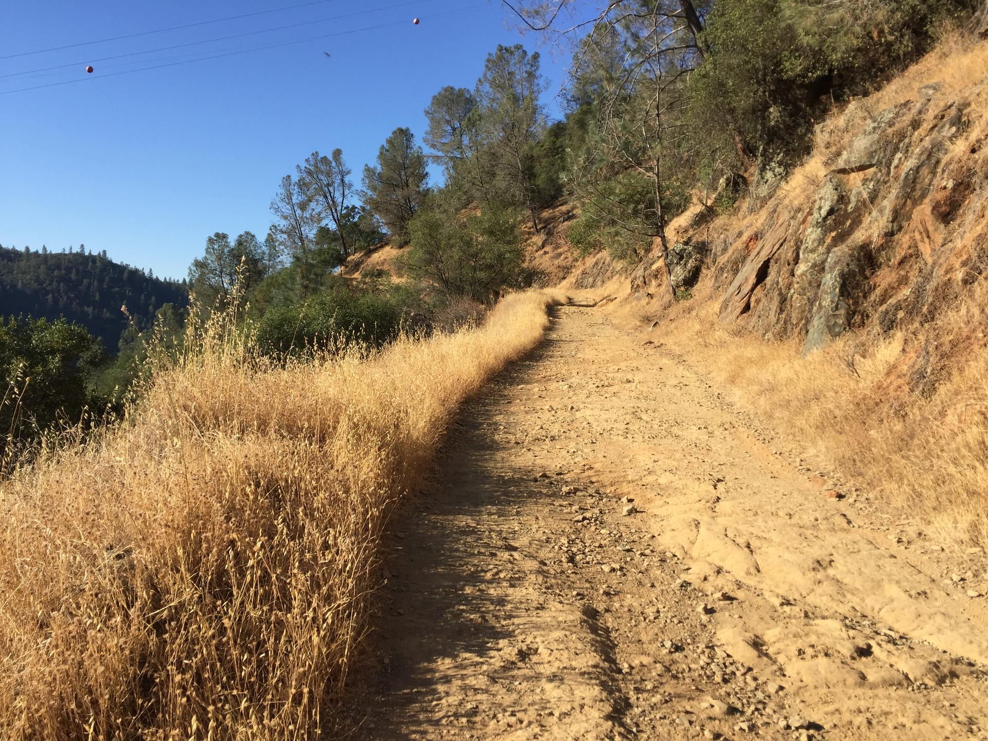 A sunlit dirt path winds alongside dry golden grass and a rocky hillside.