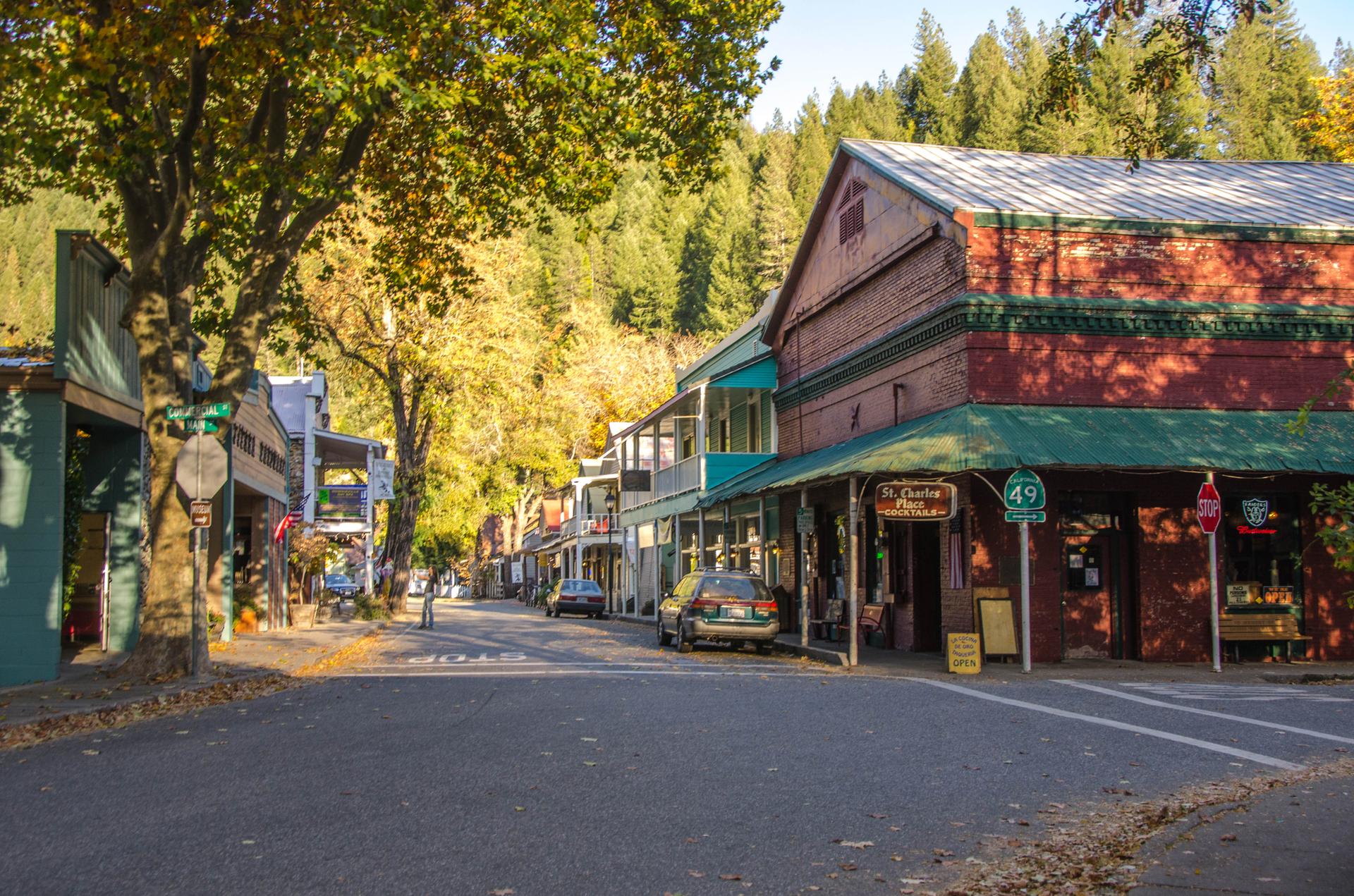 A sunny street lined with historic buildings and autumn trees, with parked cars.
