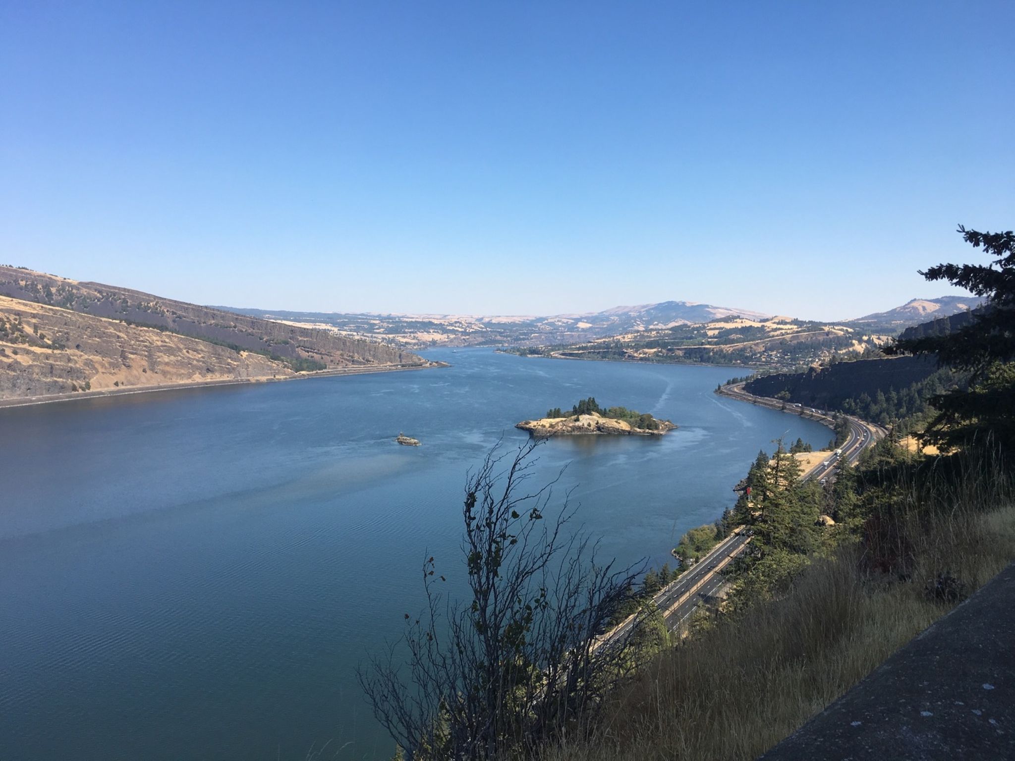 Expansive river with a small, tree-covered island, surrounded by mountains, bright day. - Historic Columbia River Highway State Trail: Twin Tunnels