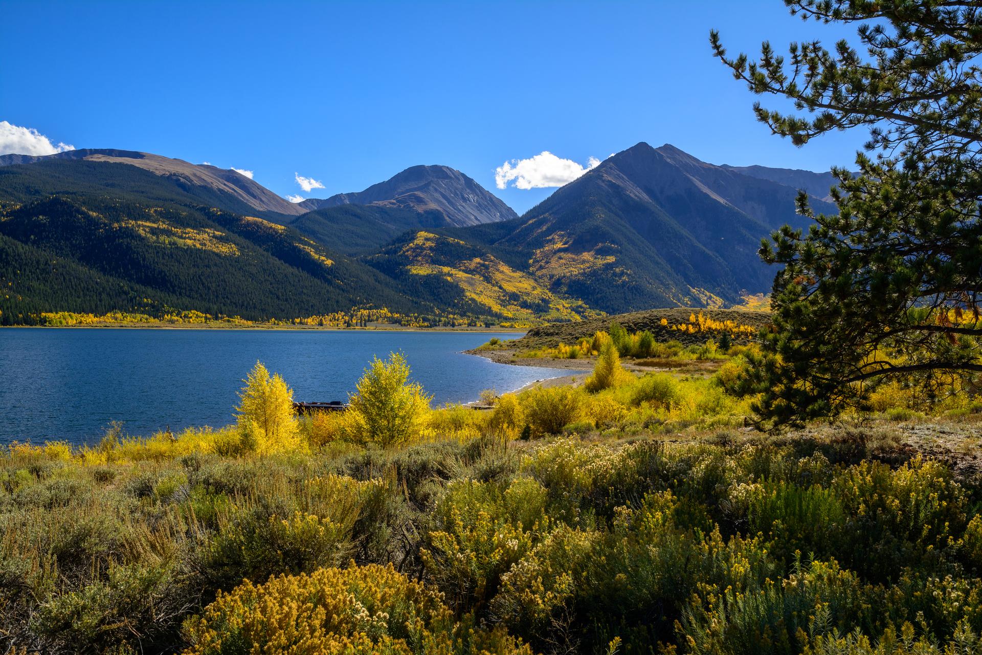 Vibrant autumn landscape with a blue lake, golden trees, and majestic mountains.