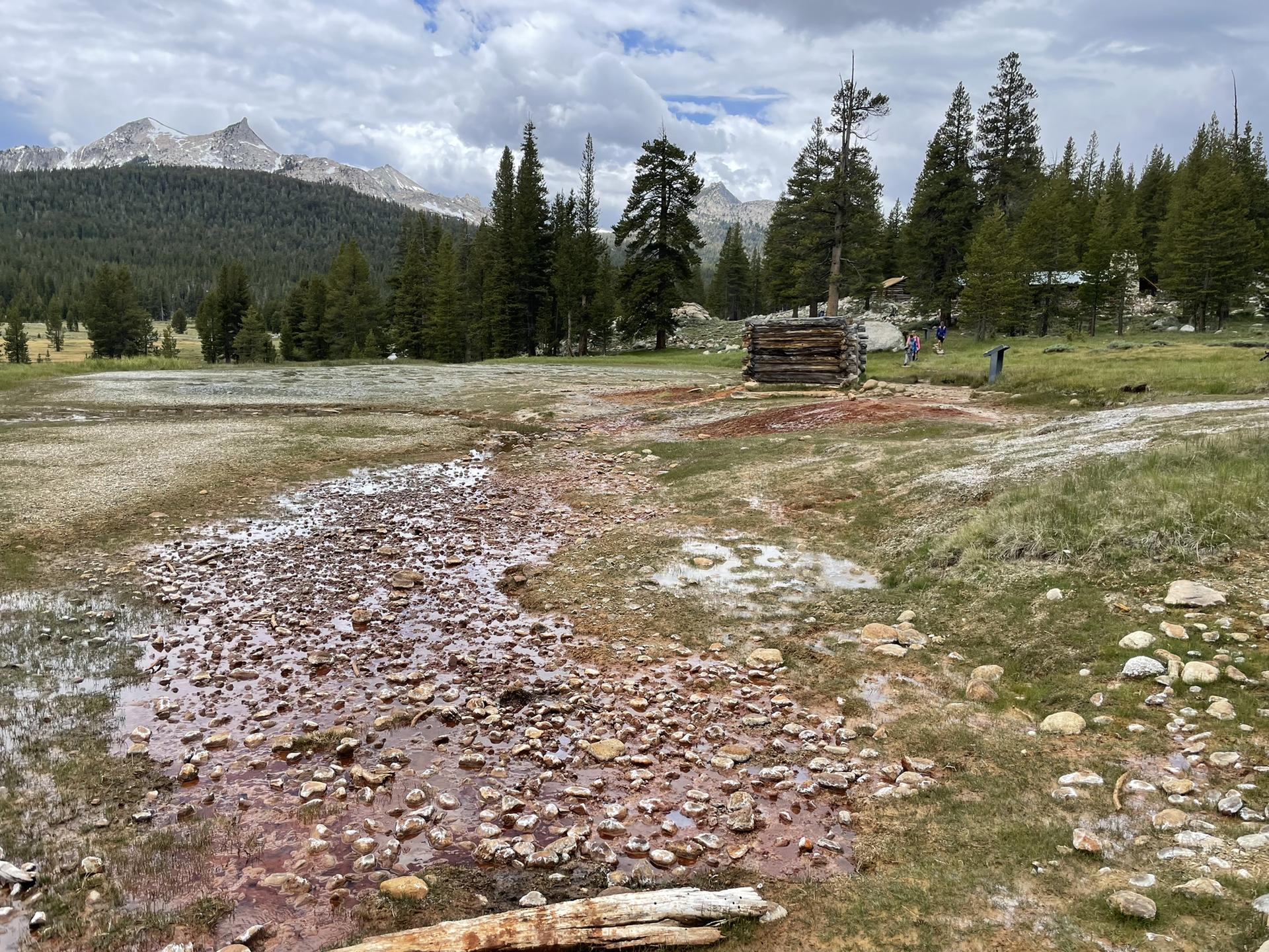 Rocky stream bed in a wet meadow with a log cabin and distant mountains.