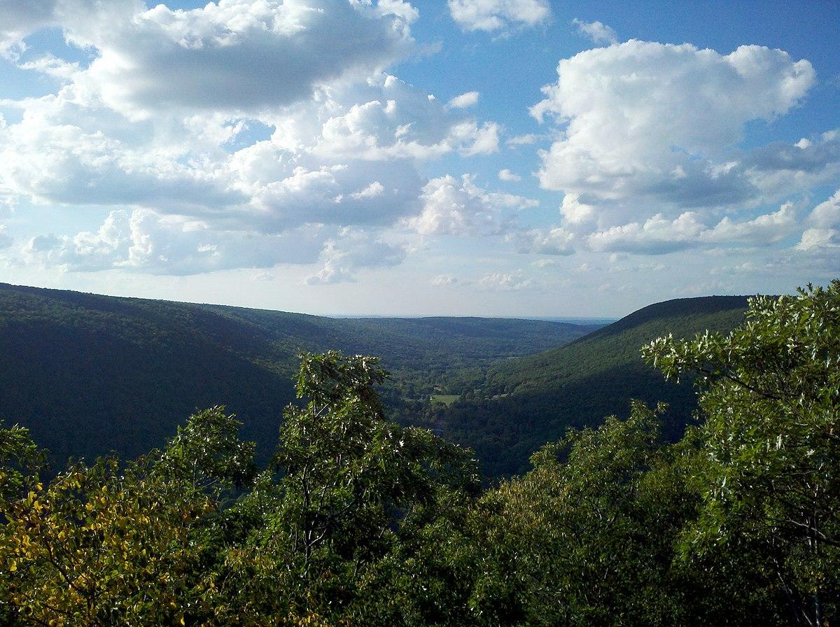 Sunny view of a wide forested valley surrounded by green hills and clouds.