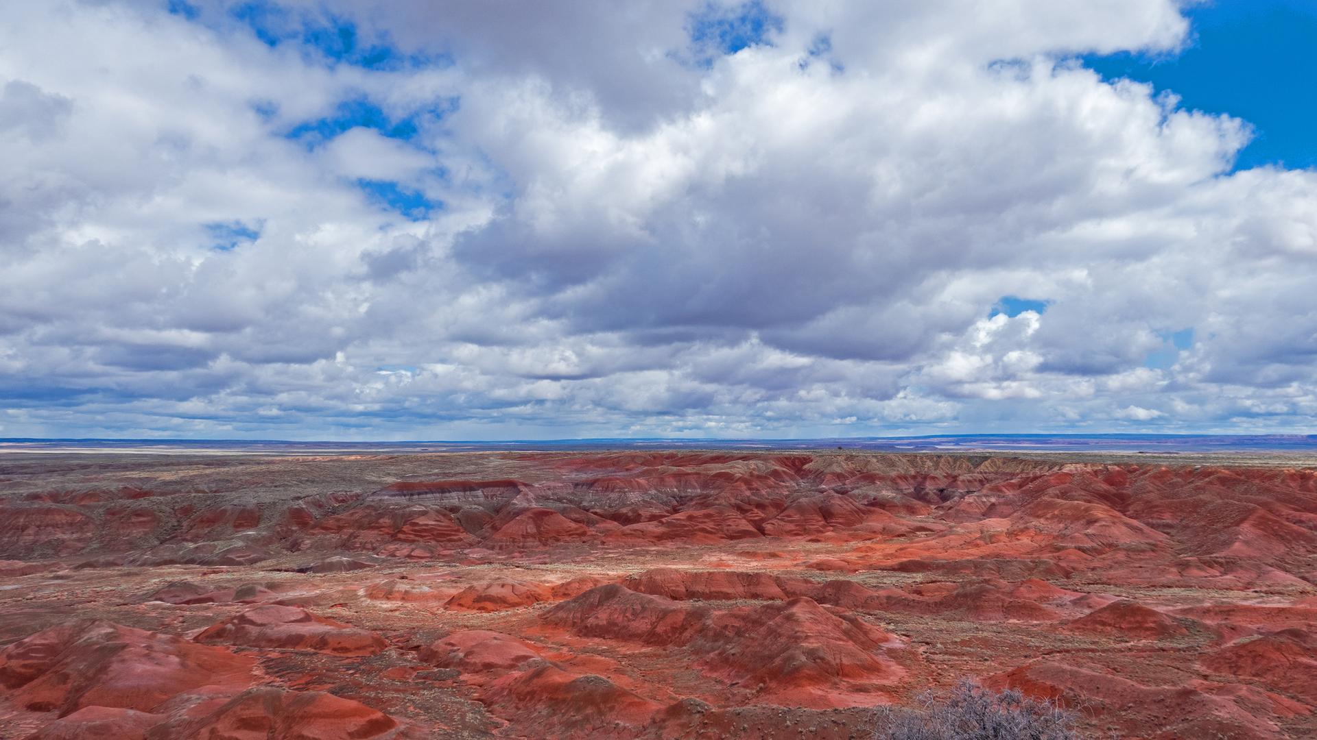 Vast desert landscape with red and grey badlands under a dramatic cloudy sky.