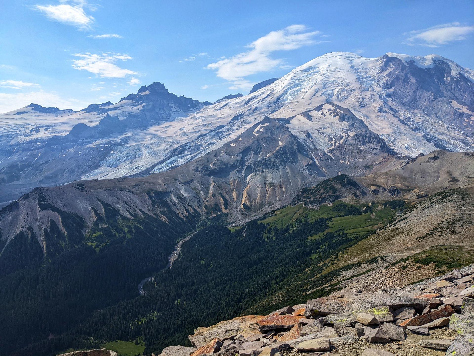 Expansive view of a snow-capped mountain, glaciers, and a forested valley under blue sky.