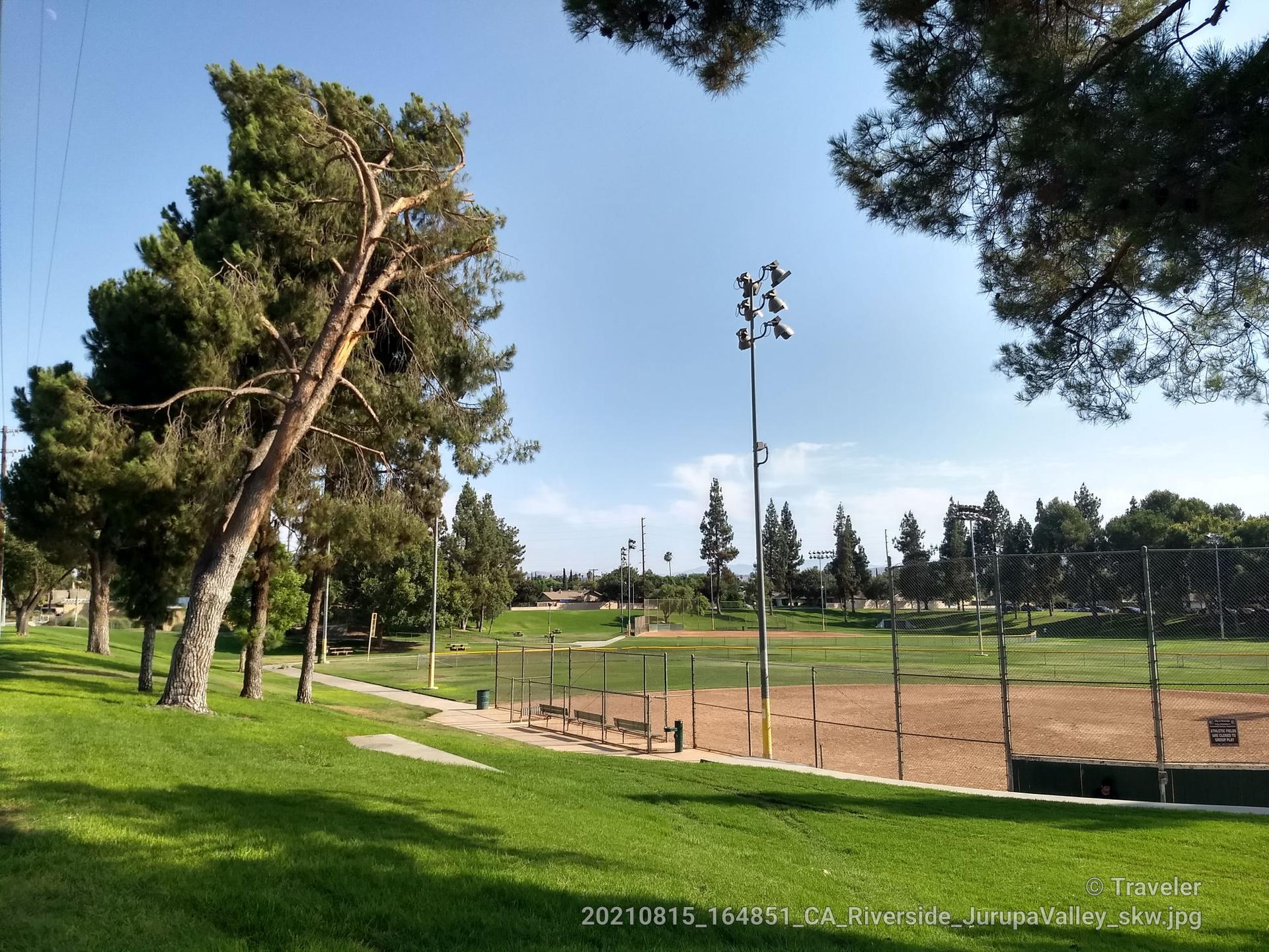 Sunny park with a baseball field, tall trees, and a light pole.