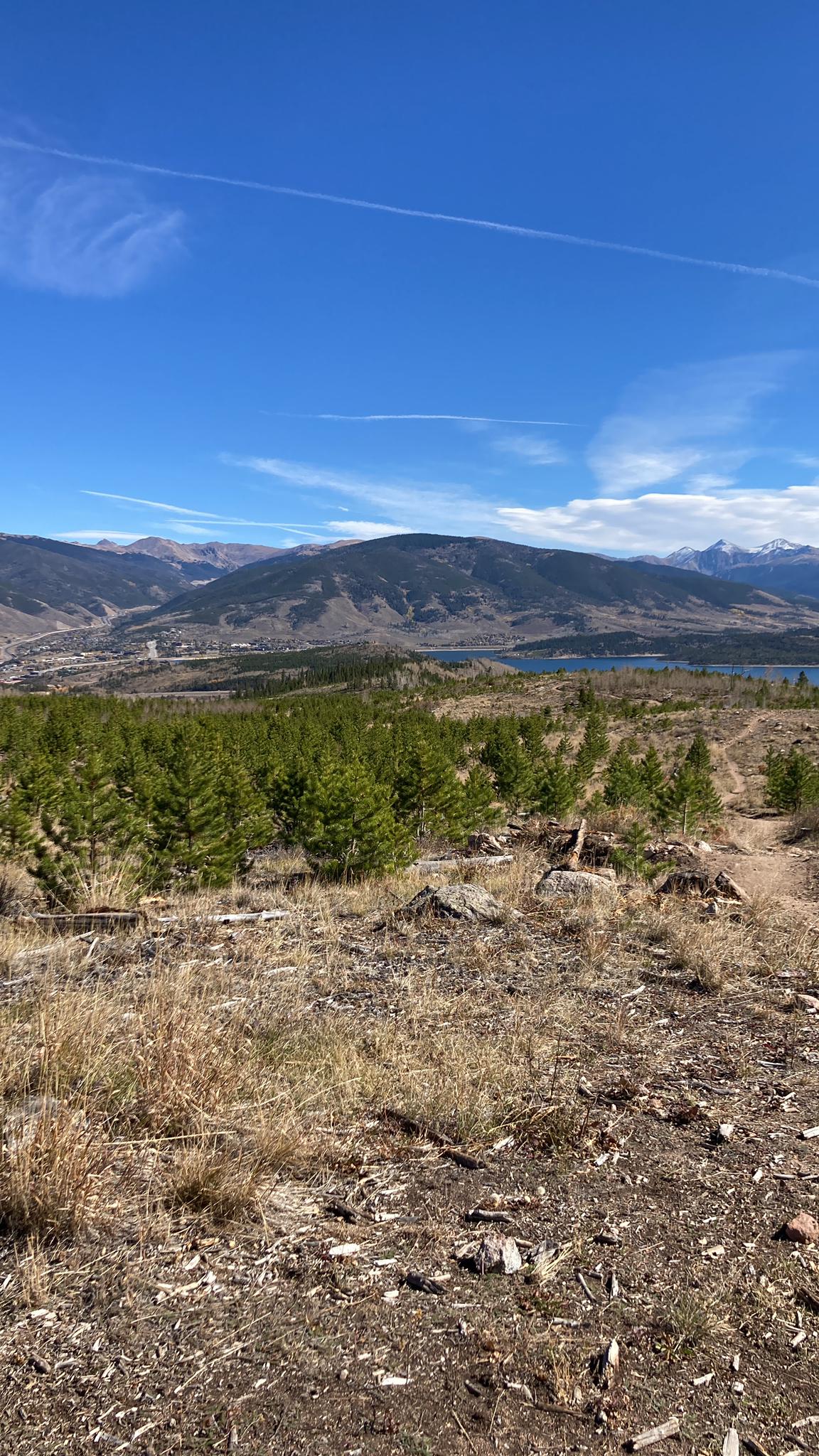 Expansive mountain landscape with a lake, evergreen trees, and dry foreground under a clear sky.