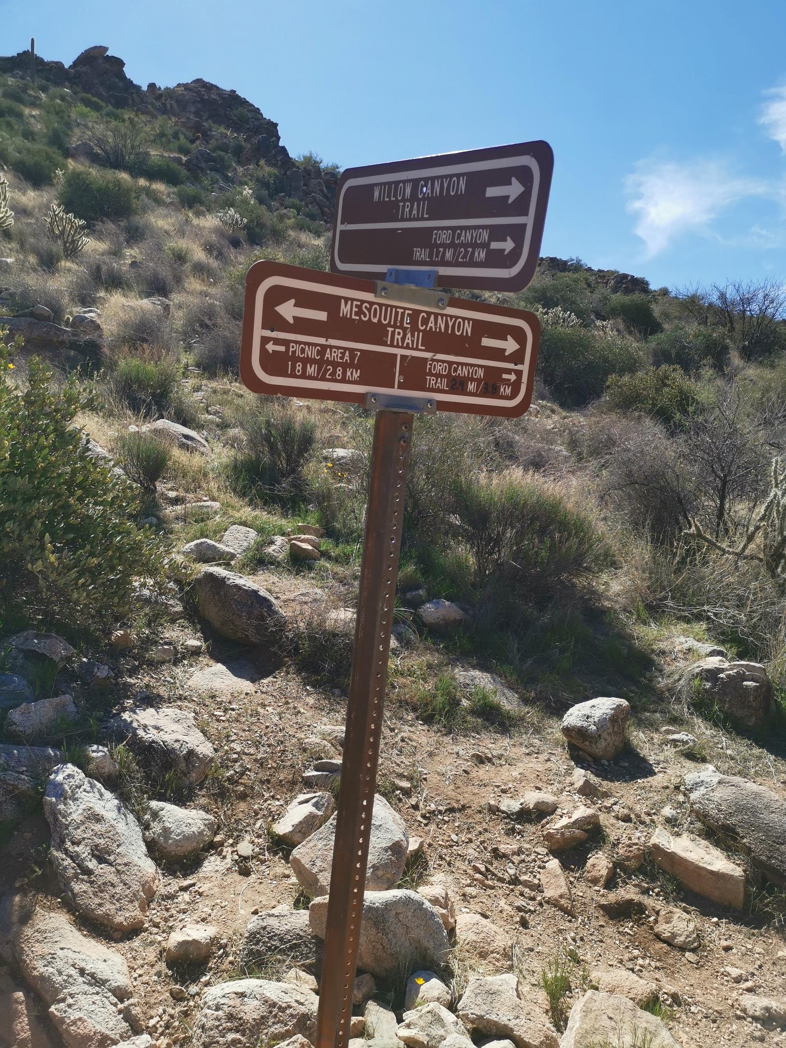 A brown trail signpost with directional arrows stands on a rocky hillside.