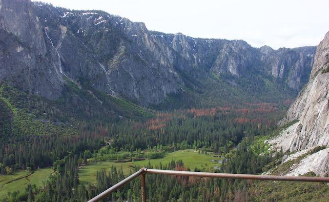 Expansive valley with forests, meadows, and cliffs, seen from a viewpoint.