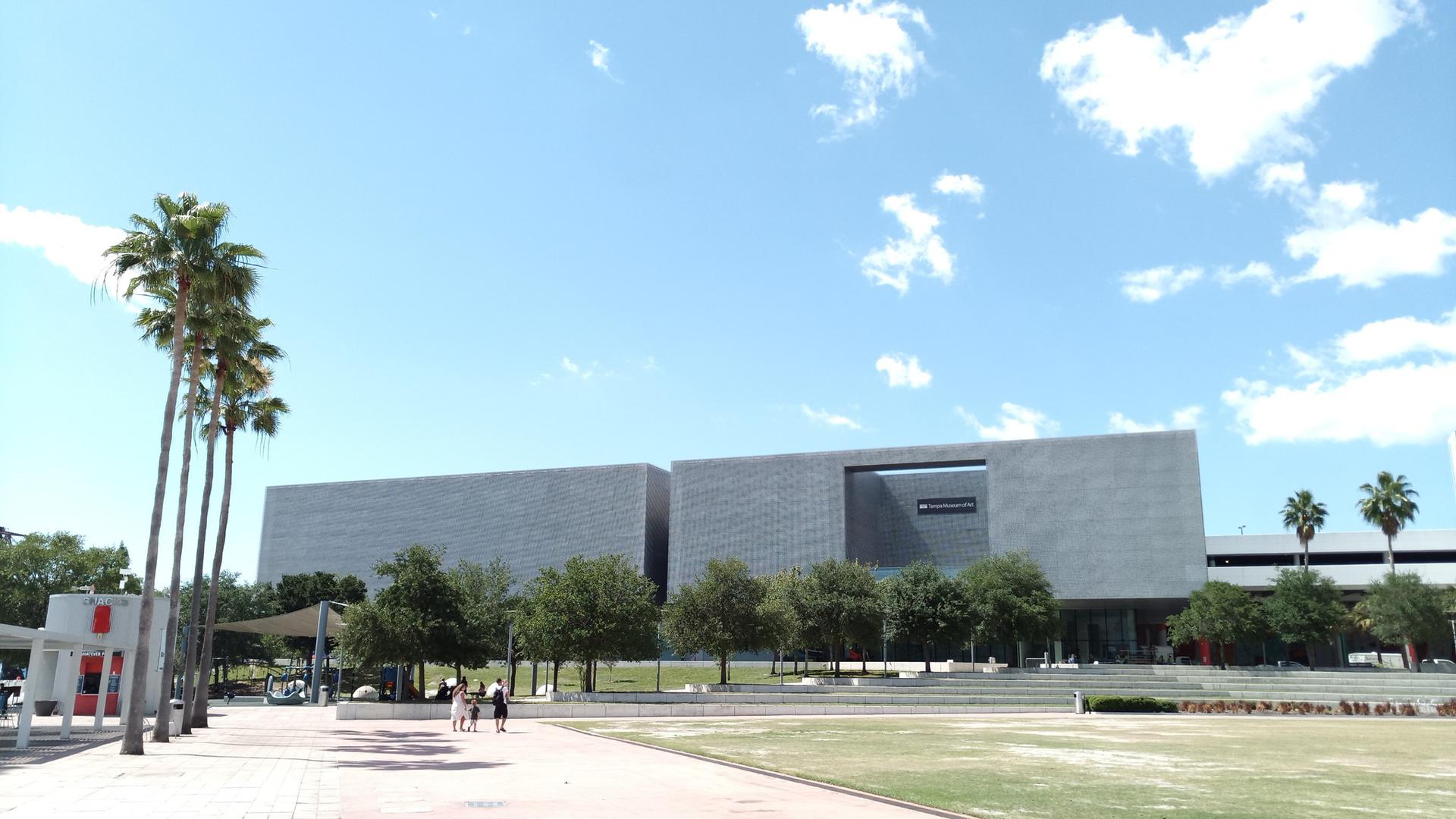 Modern large building with palm trees and an open lawn under a bright sky.