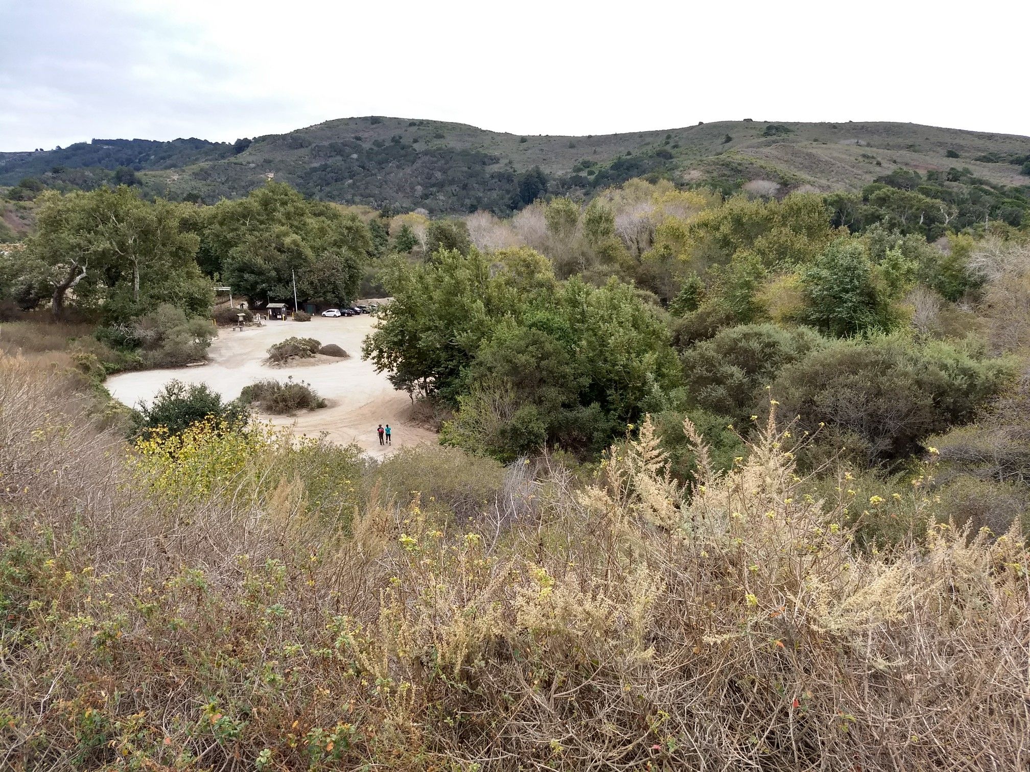 Overcast view of a valley with trees, dirt clearing, and two distant people. - Ridge, Panorama, and Bluffs Trail Loop