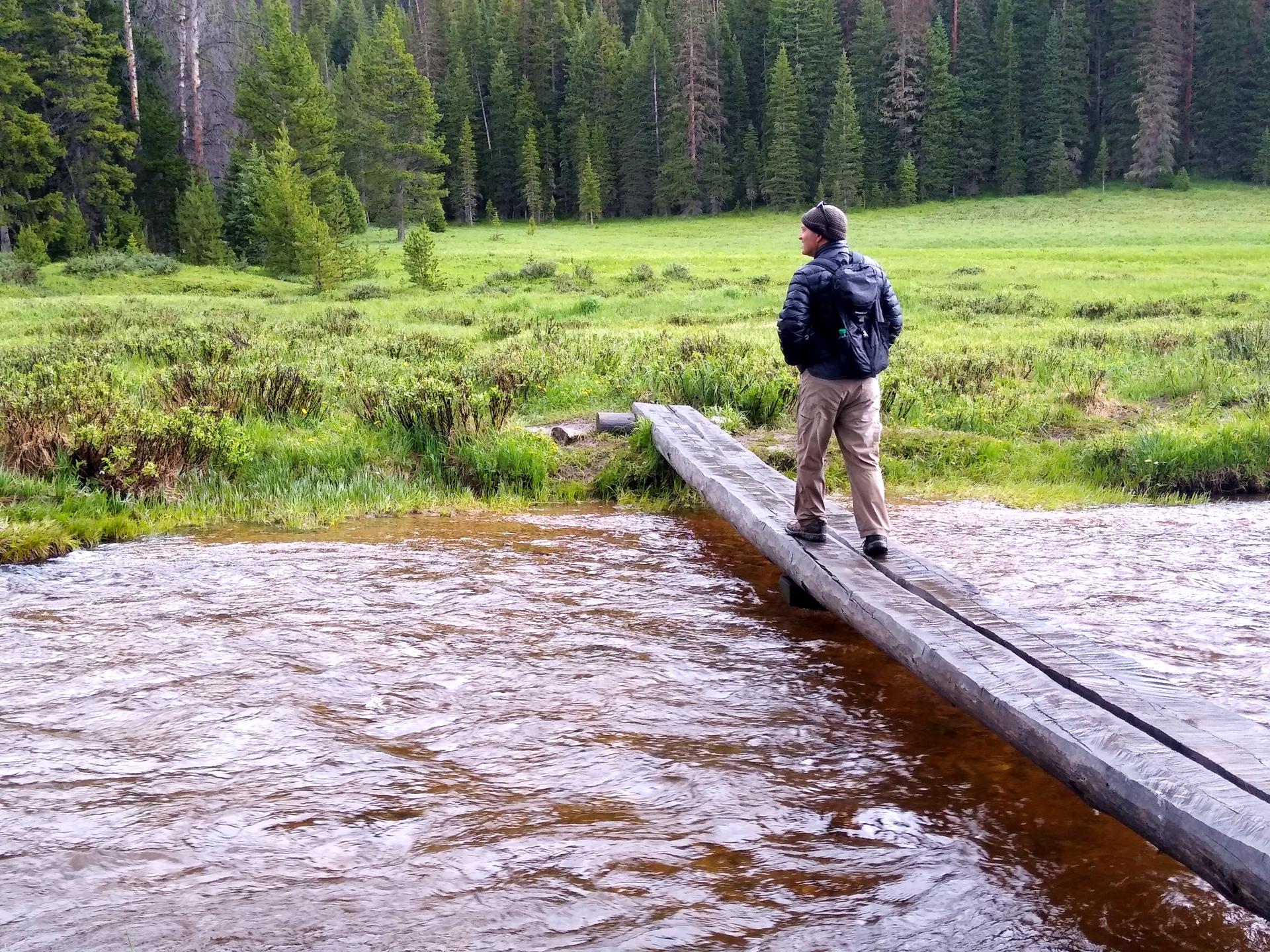 Hiker on a wooden plank bridge over a river, facing a green forest.