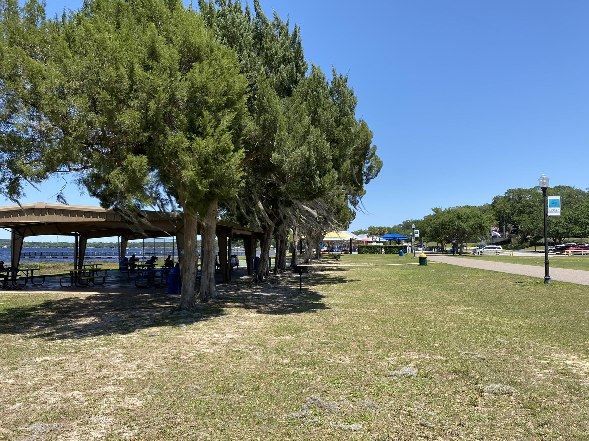 Sunny park with large trees, picnic shelters, and a grassy field.