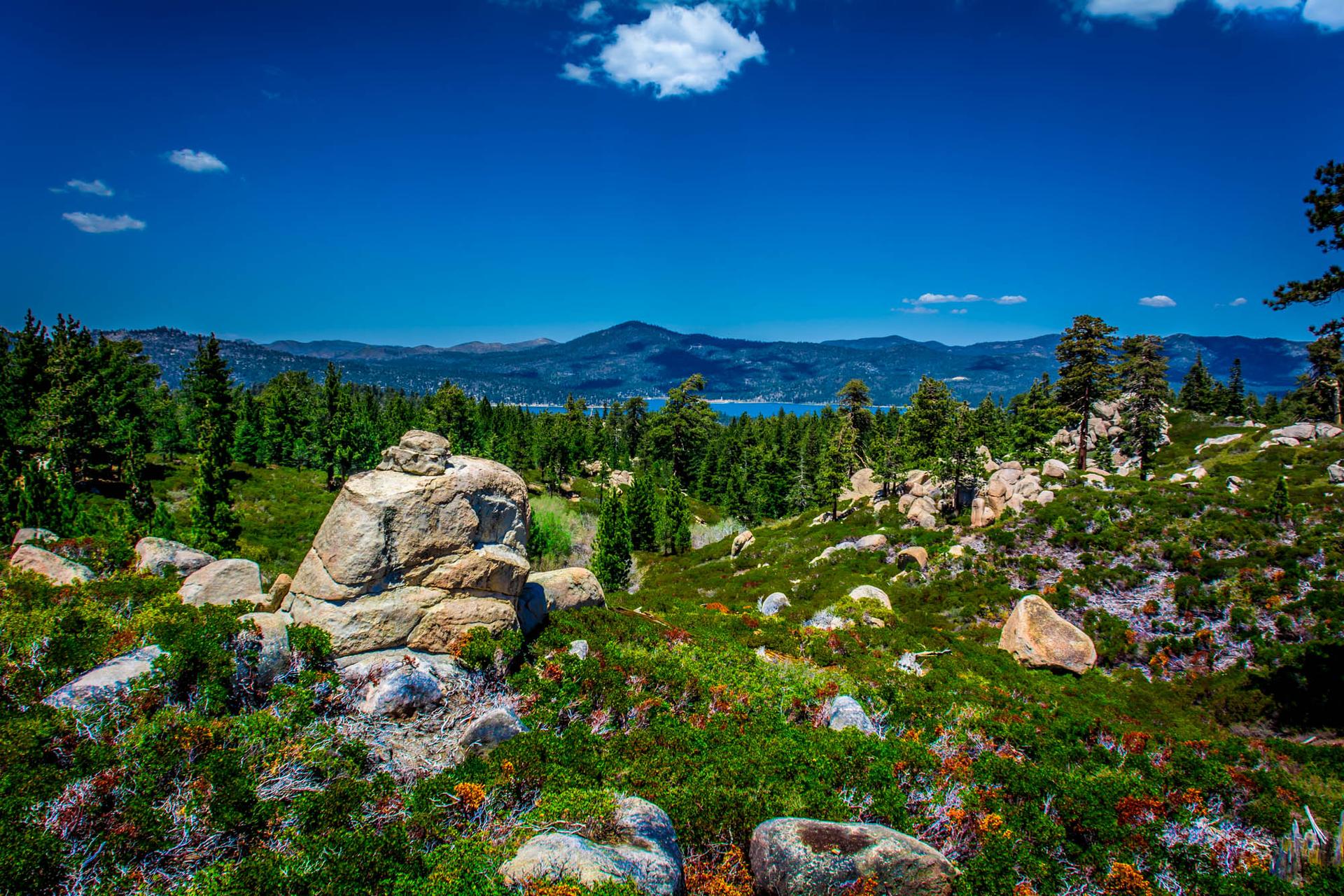 Rocky, green hillside overlooking a distant lake and mountains under blue sky.