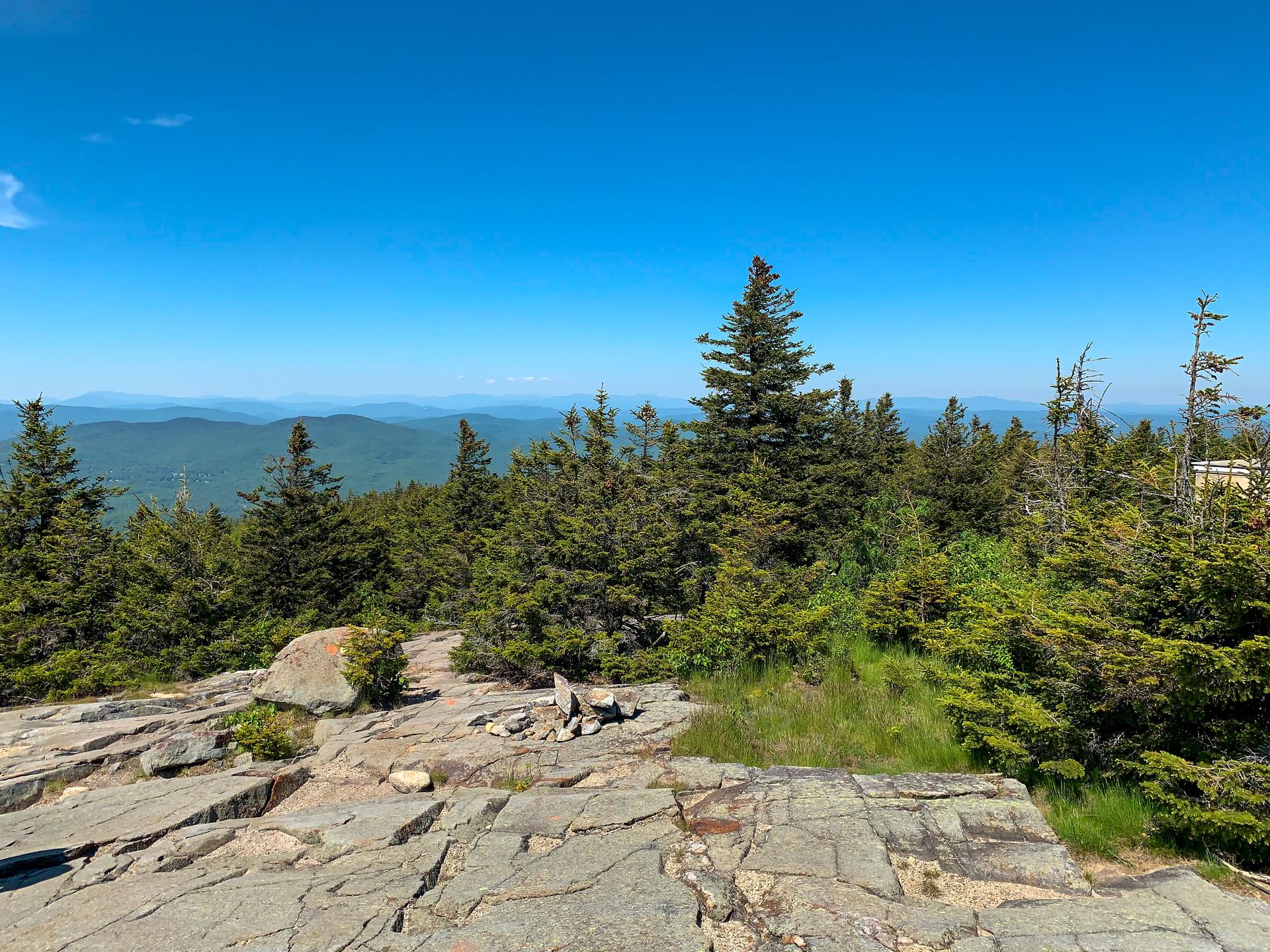 Sunny mountain vista with rocky foreground, evergreen trees, and distant peaks.