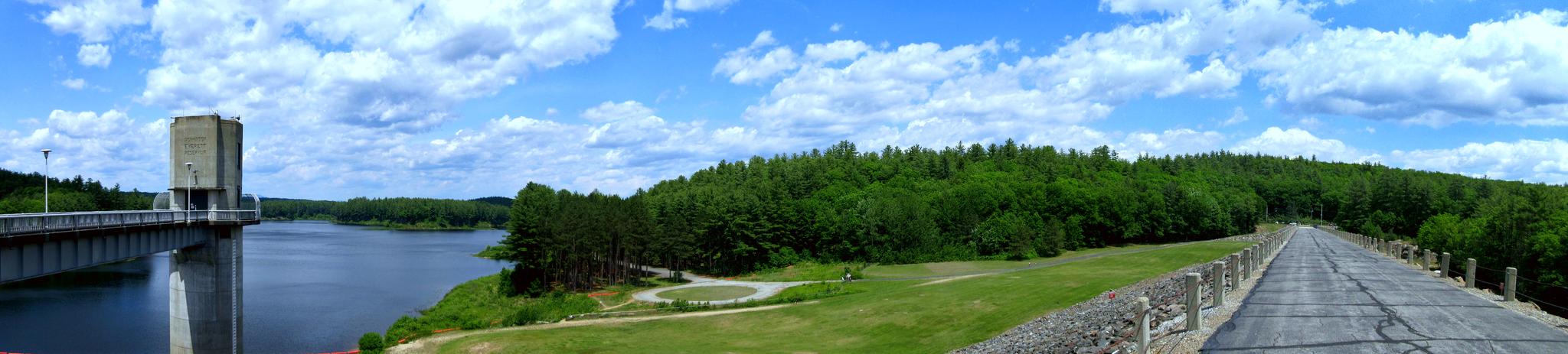 Wide view of a dam, calm water, and dense forest under a blue sky.