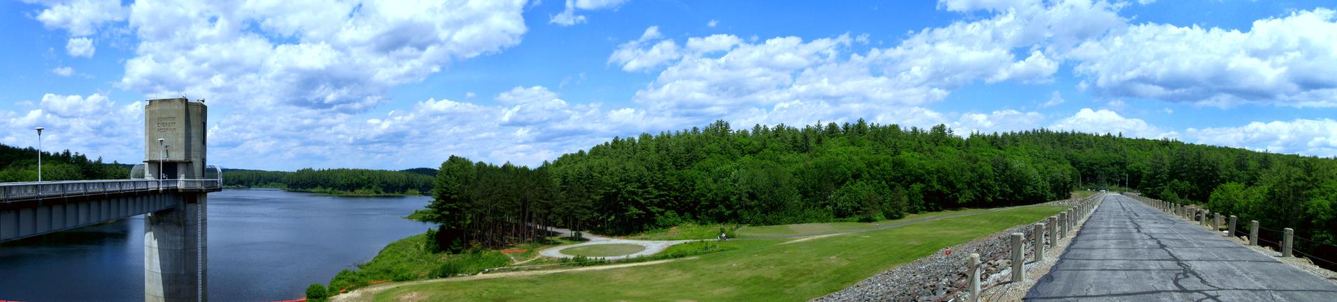 Wide view of a dam, calm water, and dense forest under a blue sky.