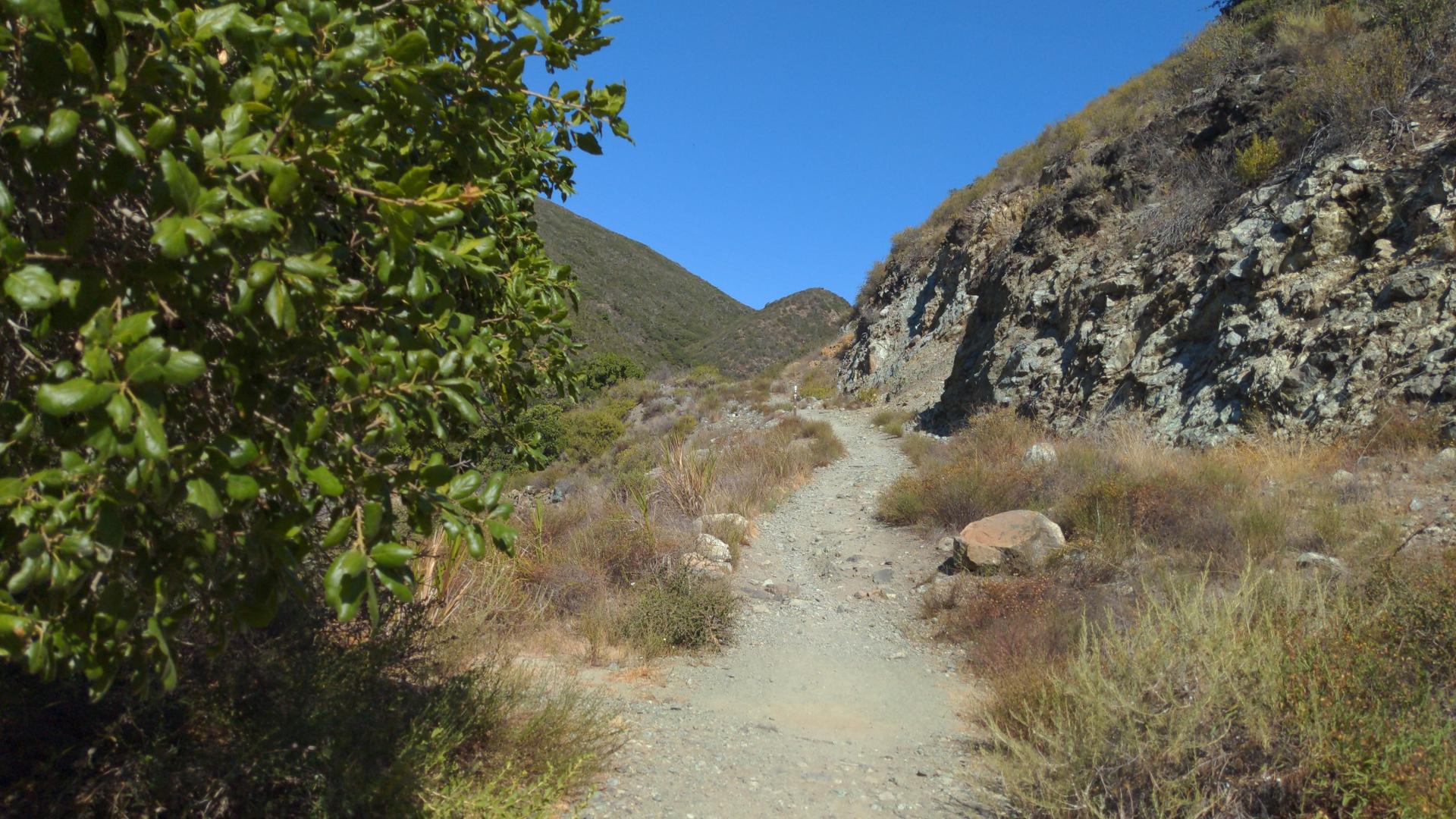 Narrow dirt path winding between rocky hillsides under a clear blue sky.