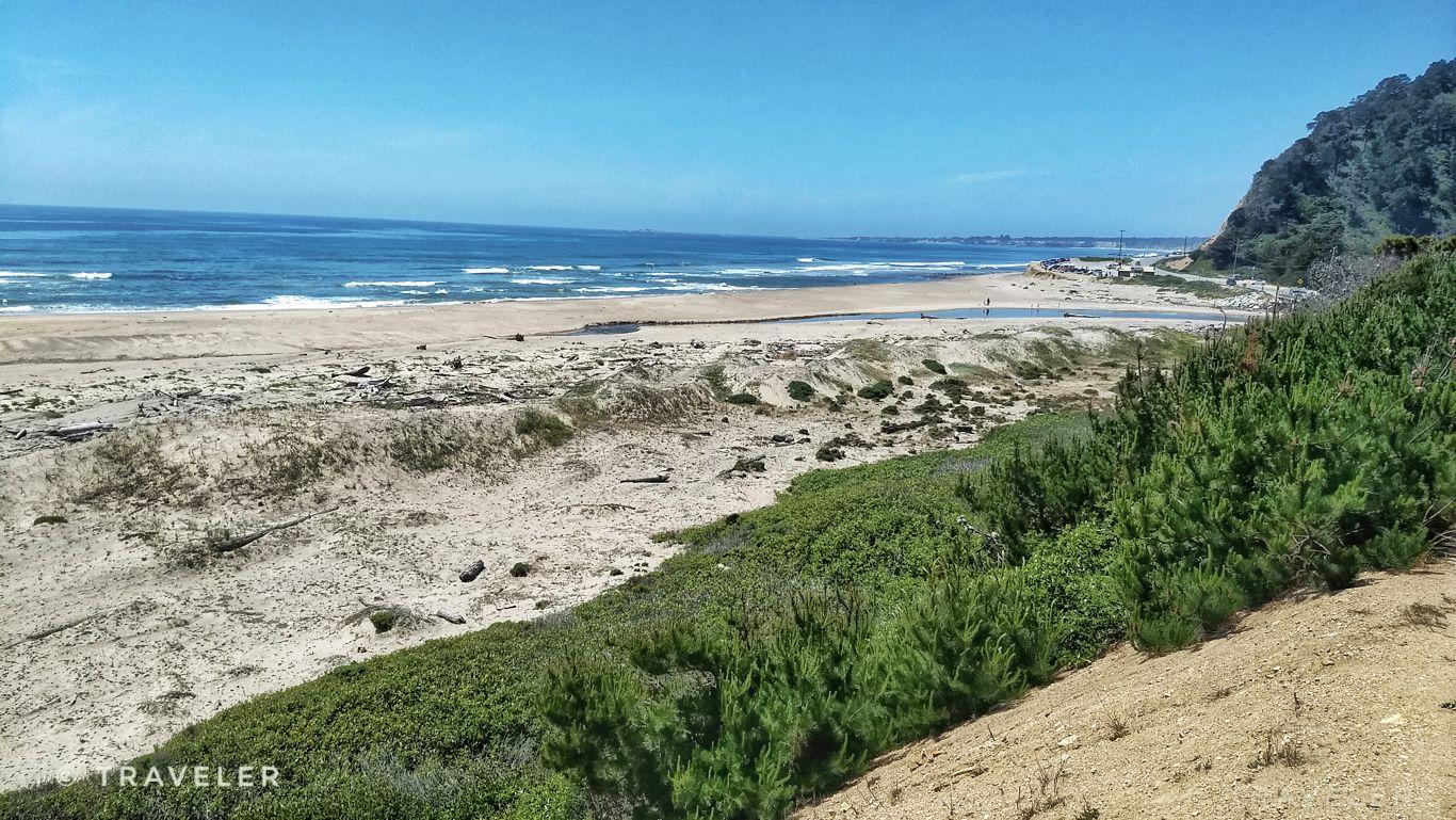 Sunny beach with waves, sand, green bushes, and distant hills.
